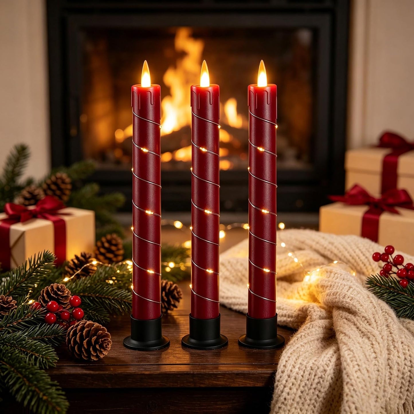 Da by 3 Pack Red Dripping Wax Flameless Candles, Realistic Dynamic Flame LED Taper Candles with Surrounding Fairy
