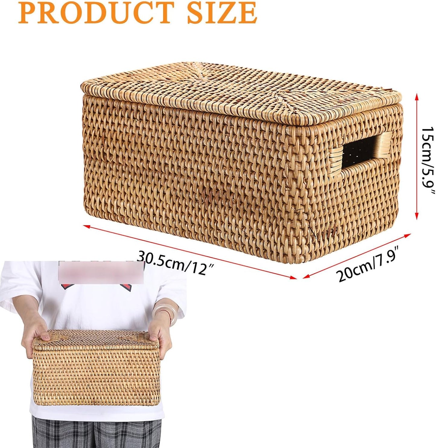 Rattan Basket / 12"L x 7.9"W x 5.9"H / Natural Color