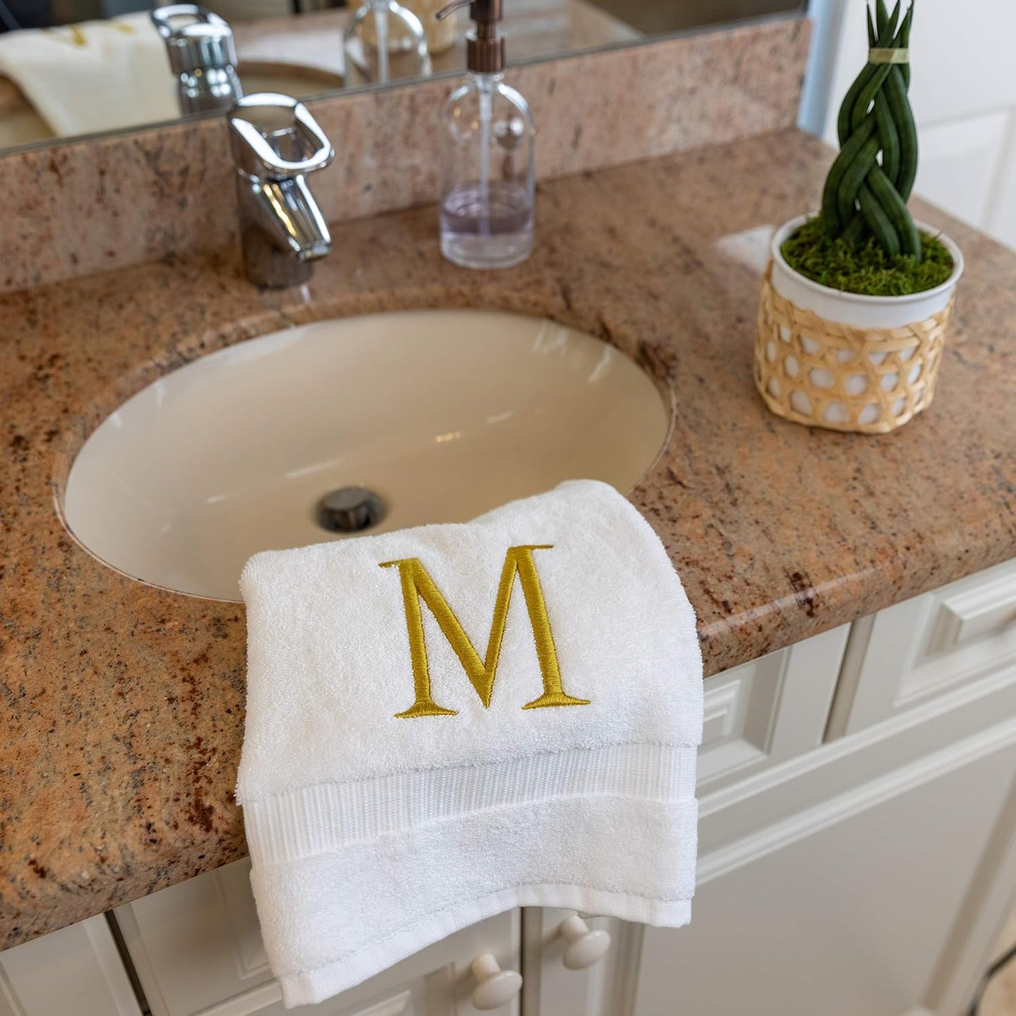 White with Gold Monogrammed Hand Towels for Bathroom - Set of 2 Letter M | Luxury Hotel Quality Initial Towels For