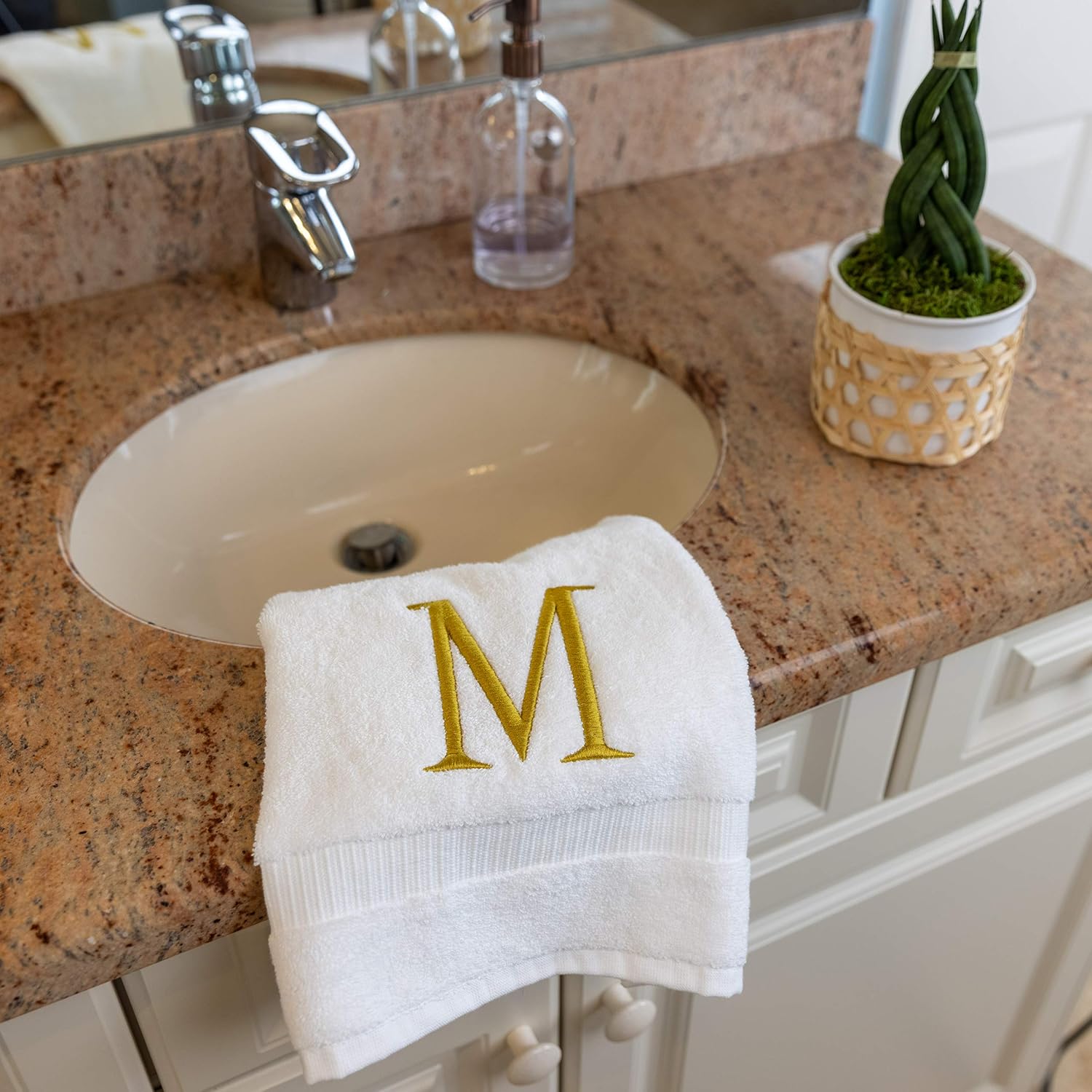 White with Gold Monogrammed Hand Towels for Bathroom - Set of 2 Letter M | Luxury Hotel Quality Initial Towels For
