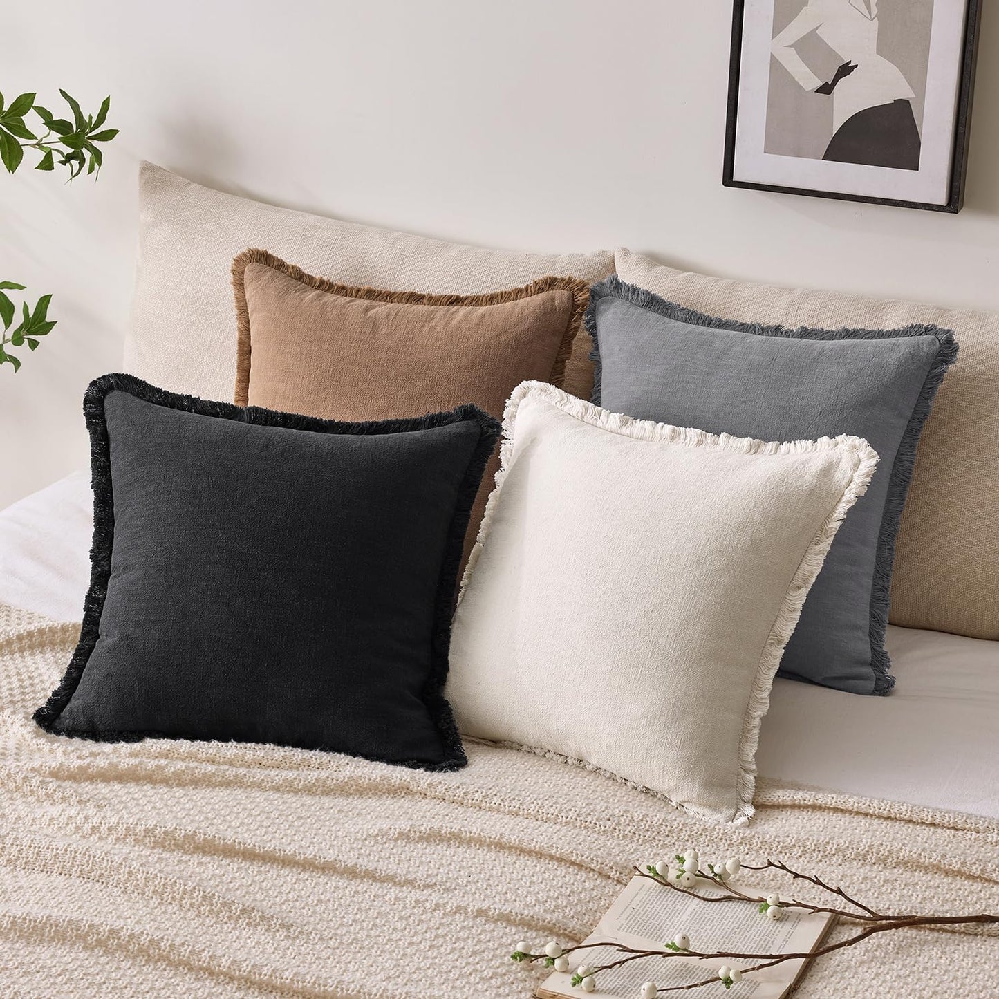 Decorative Linen Fringe Throw Pillow Covers Boho Farmhouse Soft Cushion / 20 x 20 / Black / Set of 2