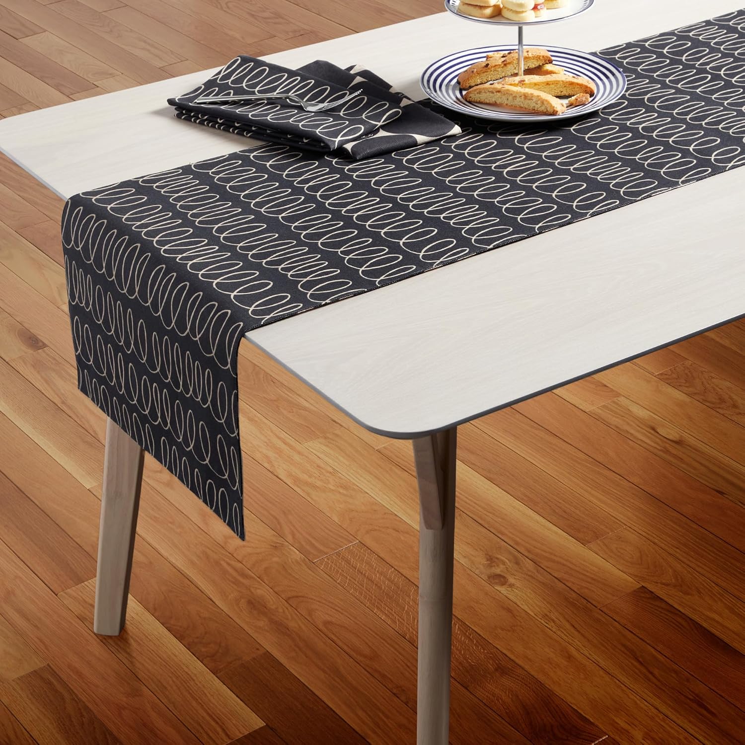 kate spade new york in The Loop & Joy Dot Reversible Table Runner, 100% Cotton, Machine Washable, Black/Beige, 15"x72"