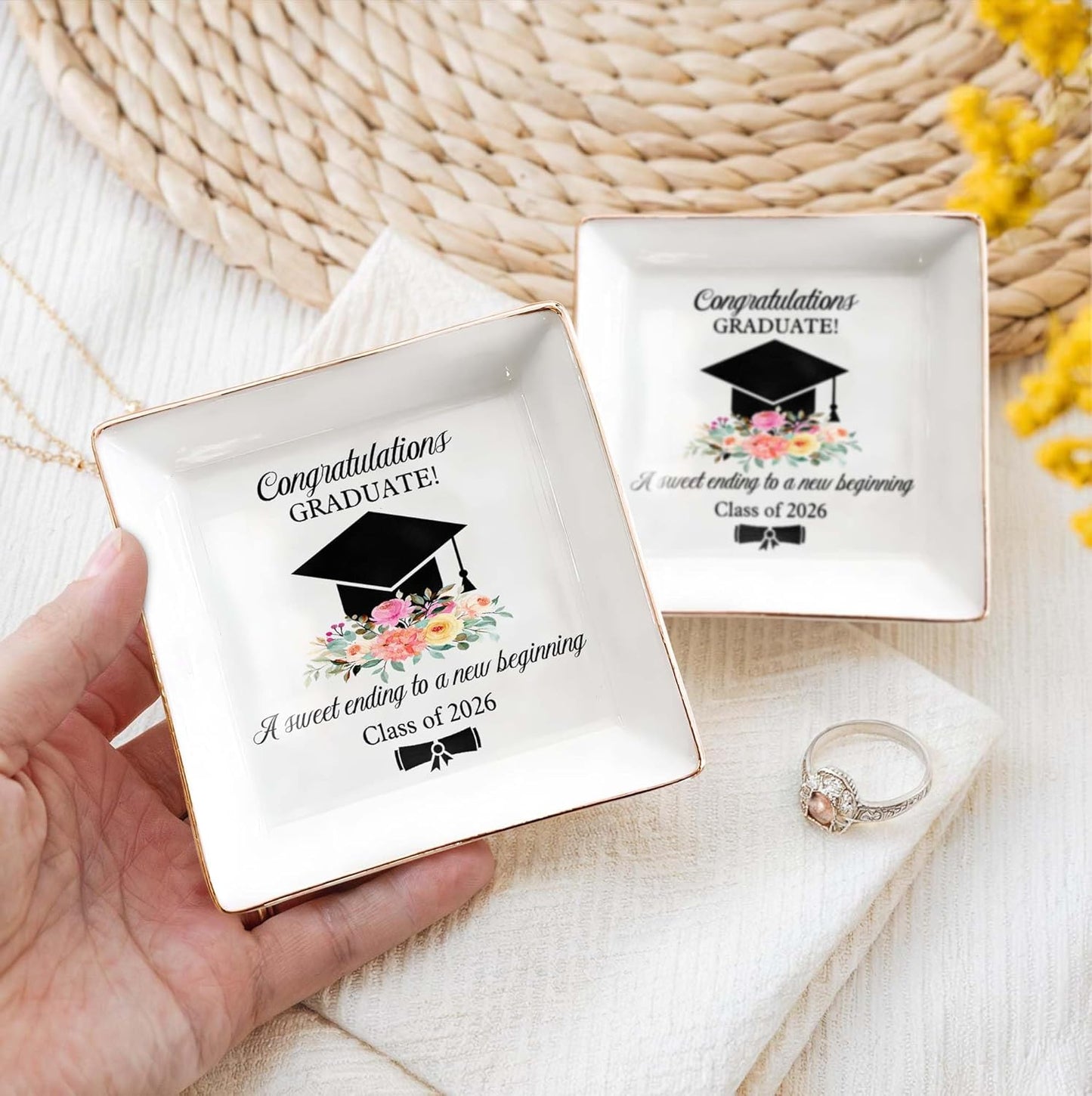 Cap & Flowers Graduate 4" Ceramic Jewelry Dish / Graduation