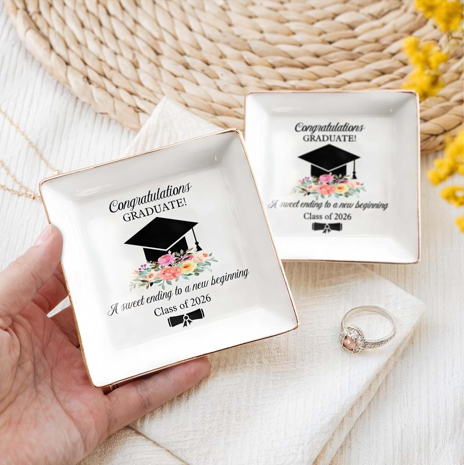 Cap & Flowers Graduate 4" Ceramic Jewelry Dish / Graduation