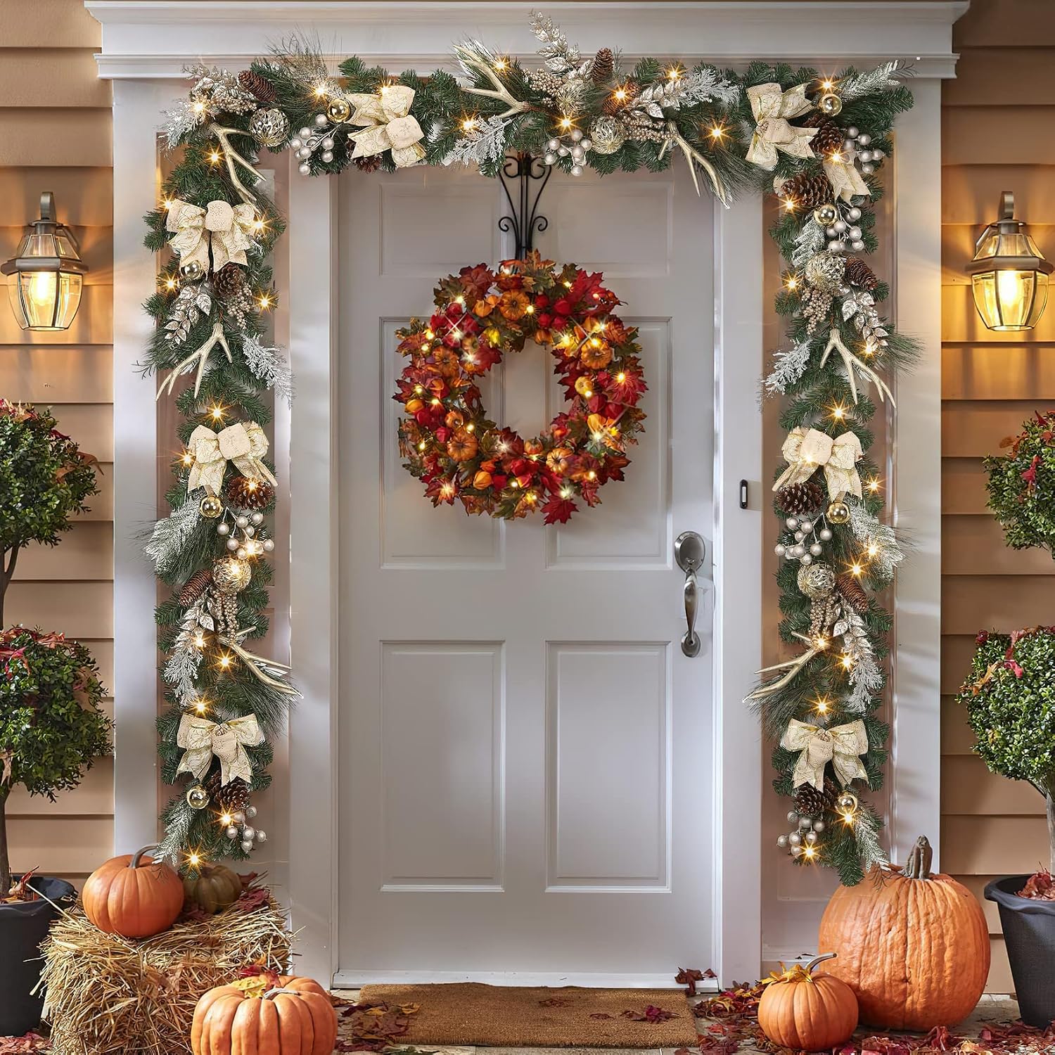 Christmas Garland with Lights, Champagne Gold 6FT 20LED Pre-Lit Christmas Garland with Ball Ornaments, Ribbons, Pine