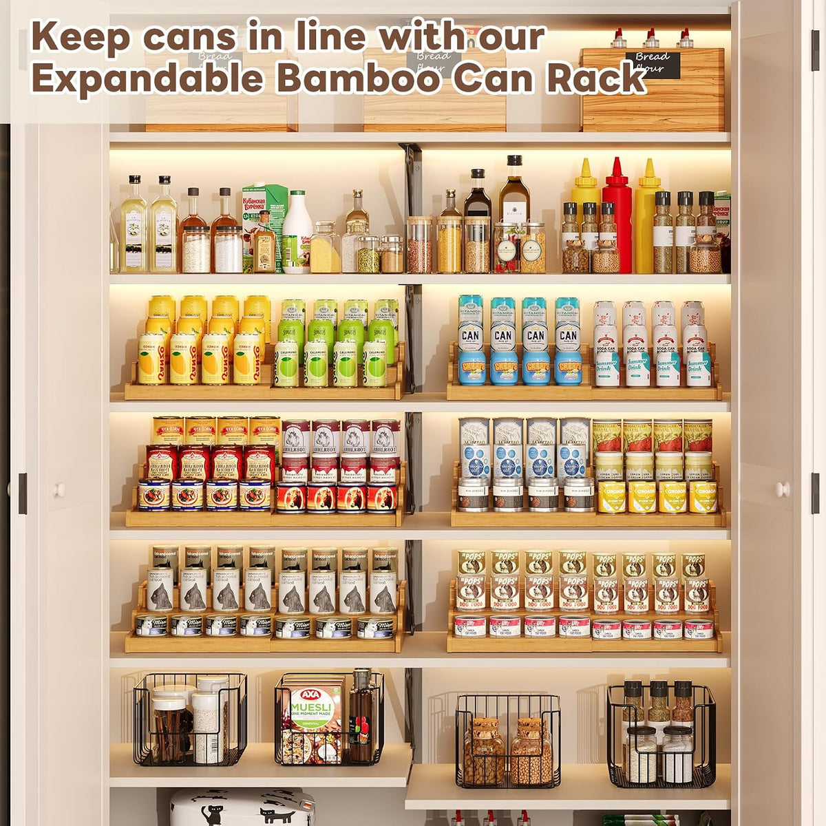 Expandable Bamboo Can Display Organizer for Pantry, 3-Tier Can Storage | Easy-Access Adjustable Can Shelf for Cabinets