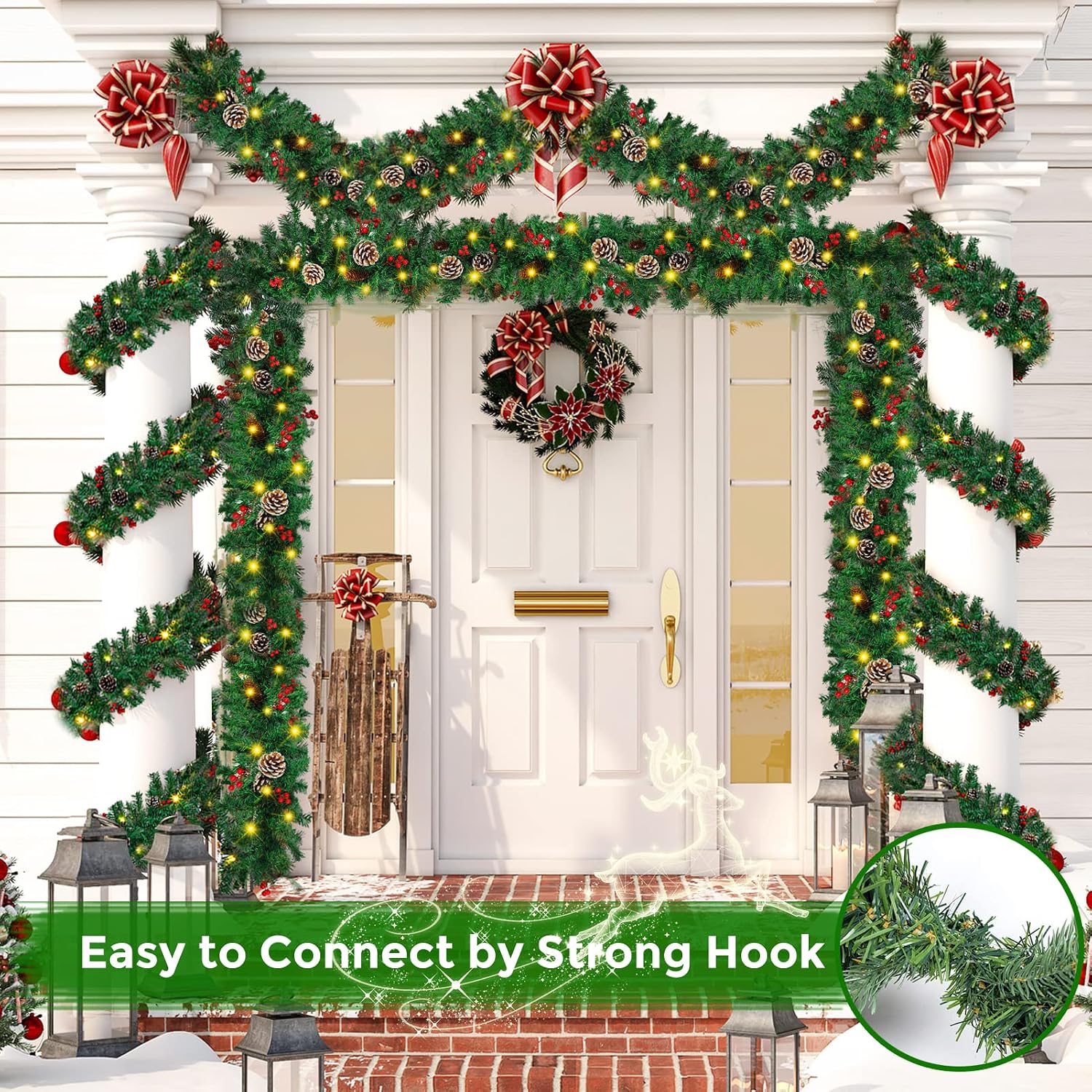 Christmas Garland, 12FT Prelit Christmas Garland with 100 LED Lights, Greenery Xmas Garland with 20 Pine Cones 90 Red