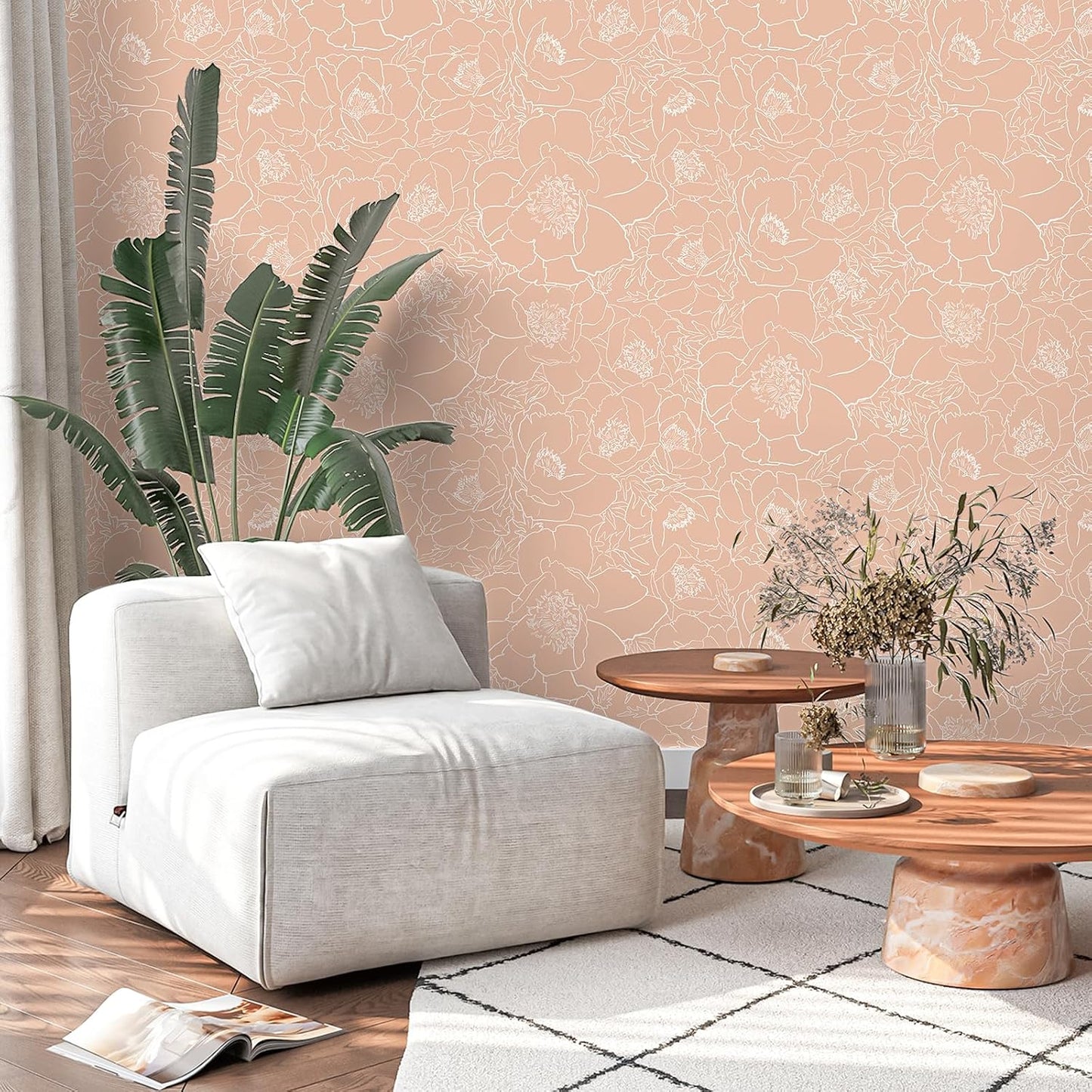 Sketch Floral Wallpaper Boho Vintage Peonies Floral Peel and Stick Wallpaper / 17.7 x 118 / Peach