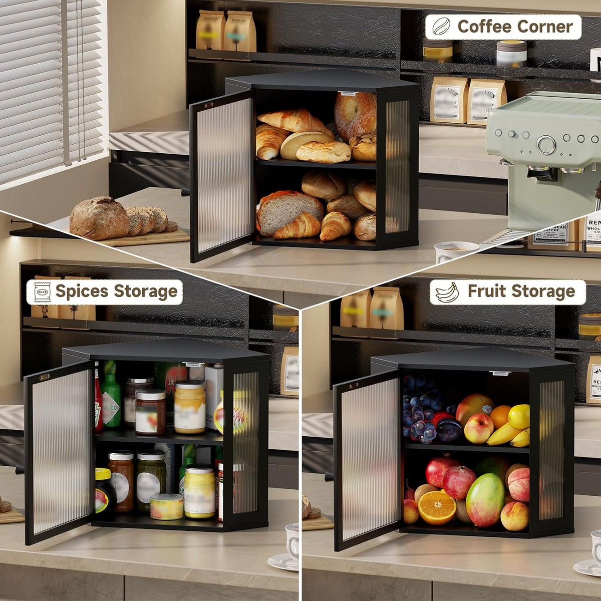 Corner Bread Box for Kitchen Countertop,Bread Storage Bin (Black, Medium) | Double Layer Large Capacity Bamboo Bread
