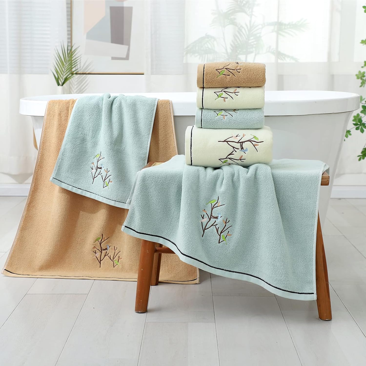 Hand Towels Set of 4 Embroidered Bird Tree Pattern 100% Cotton Absorbent Soft Decorative Towel for Bathroom (Aqua Green)