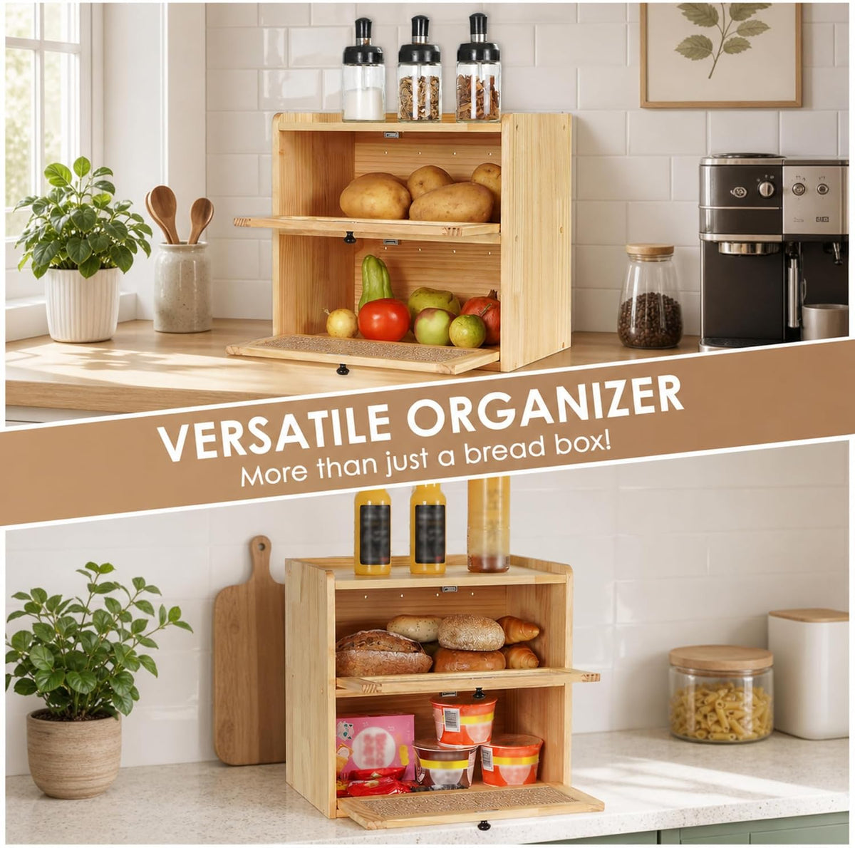 Sunhoo Bread Box for Kitchen Countertop, Large Pine Wood Breadbox, Natural | Farmhouse Pantry Container, Double Layer