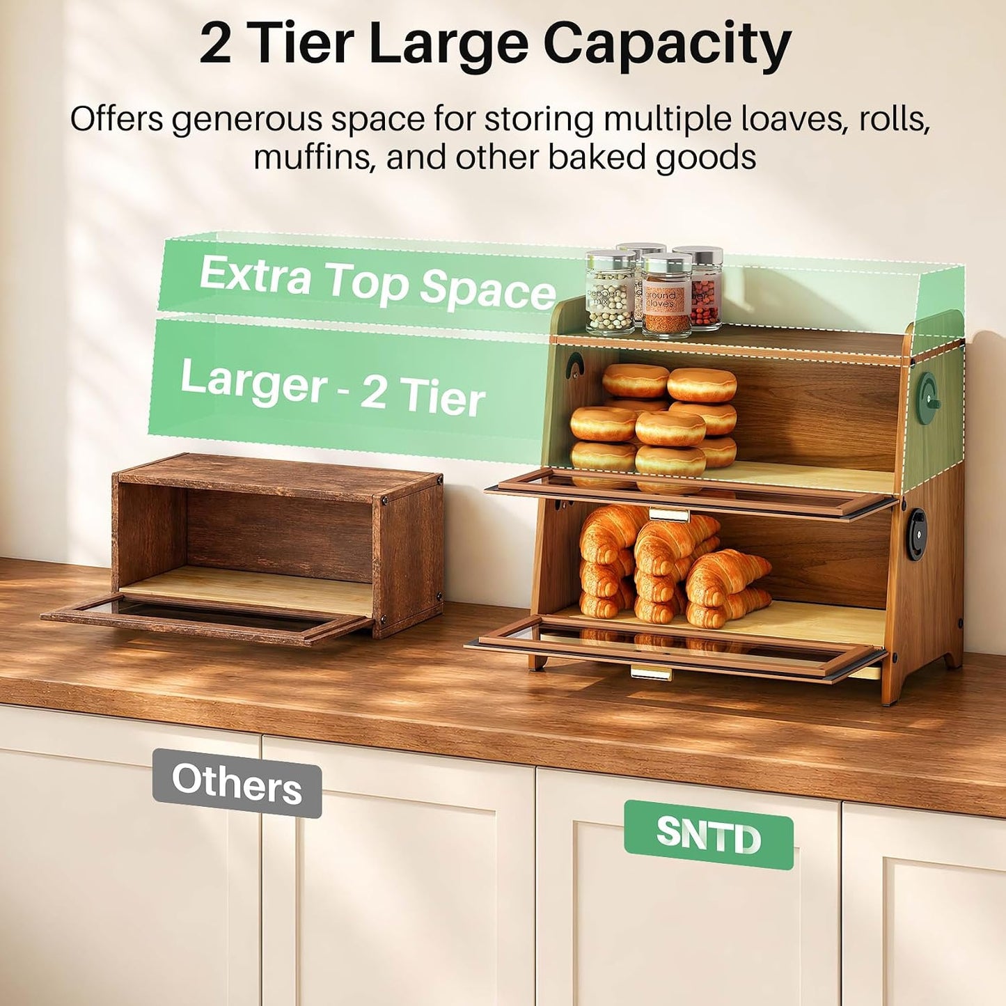 SNTD 2 Tier Bread Box for Kitchen Countertop, Adjustable Ventilation, Brown | Bamboo Cutting Board, Airtight Design