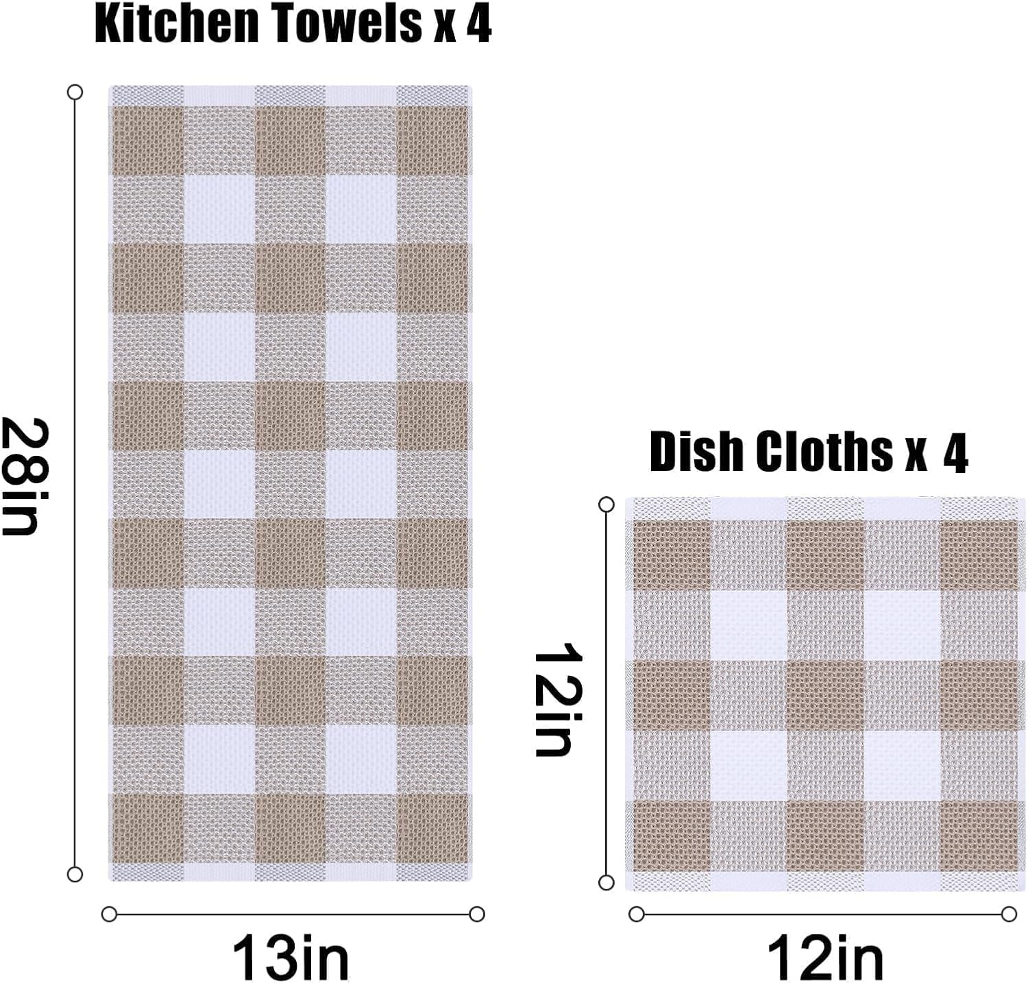 Homaxy Kitchen Towels and Dishcloths Set, Set of 12, White & Khaki | Bulk Cotton Waffle Weave Check Plaid Kitchen