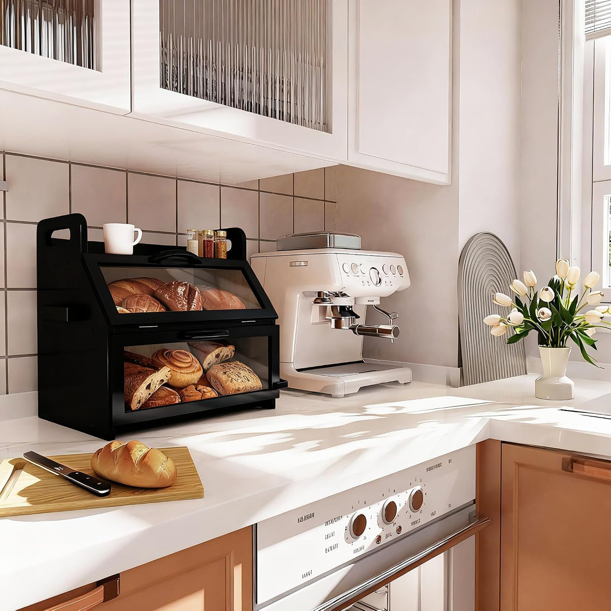 BAMBANG Bread Box for Kitchen Countertop, Extra Large Double Layer Bamboo Breadbox with Clear Window, Farmhouse Wooden