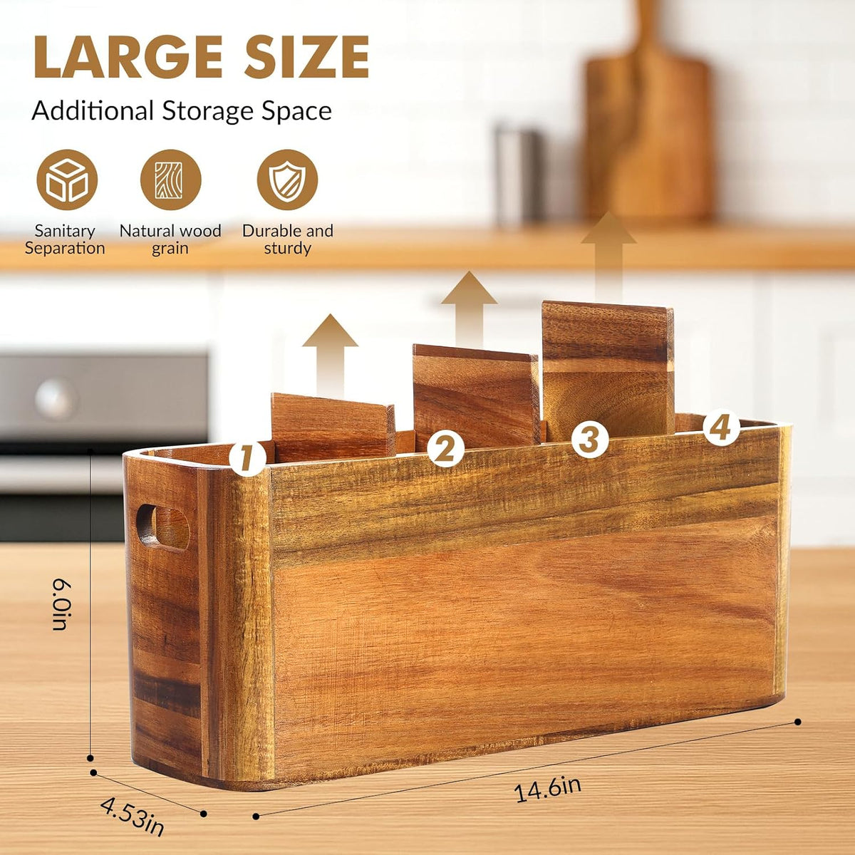 Kitchen Utensil Holder for Counter or Countertop, Extra Large Acacia Wood Organizer with 4 Compartments, Wooden Storage