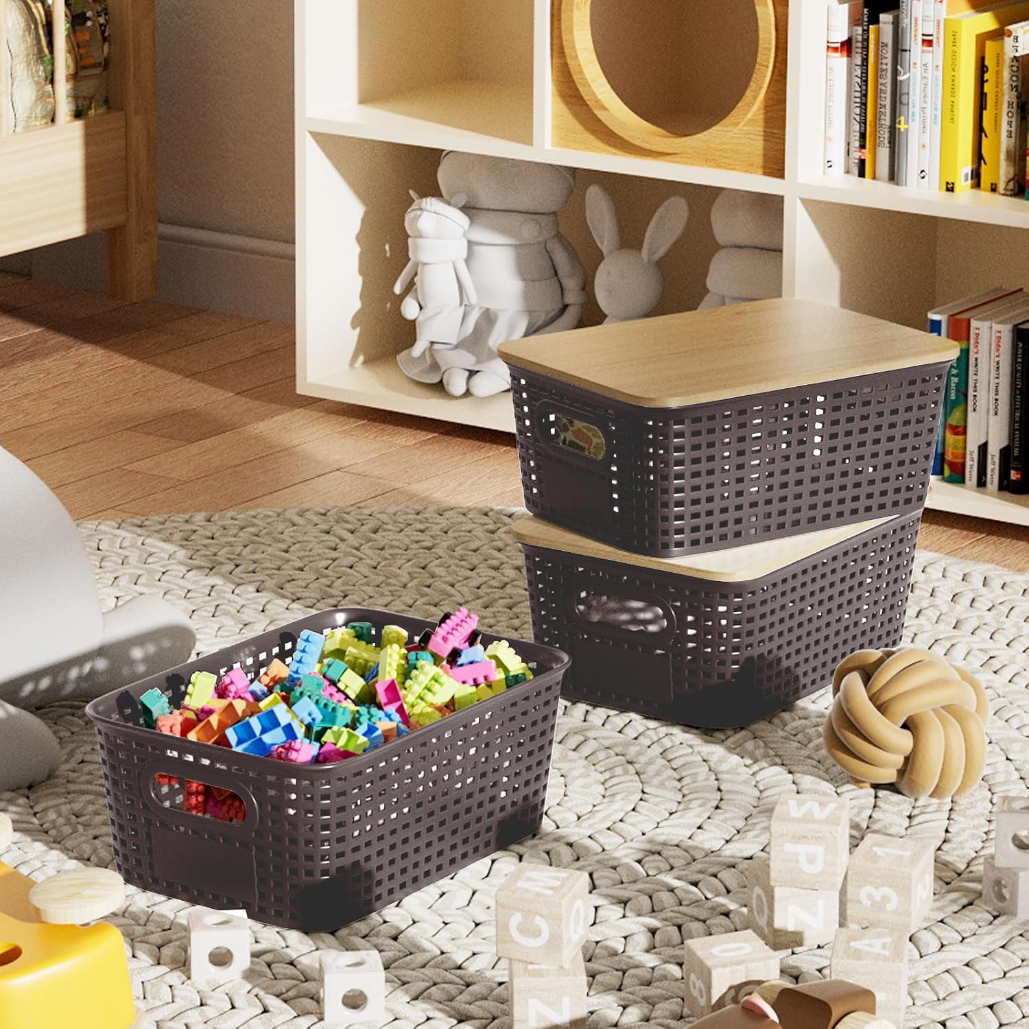 Storage Bins / Stackable Plastic Storage Basket / Brown / Set of 6