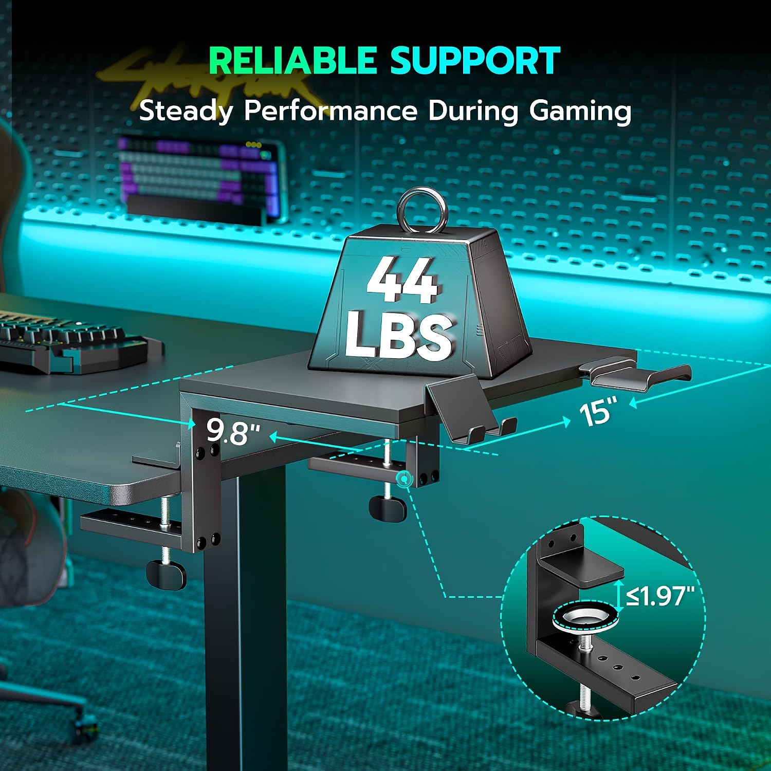 ARES WING Clamp-On 15" 3-in-1 Heavy Duty Desk Shelf Extender Black | Phone Headset holder Clamp Desk Extender