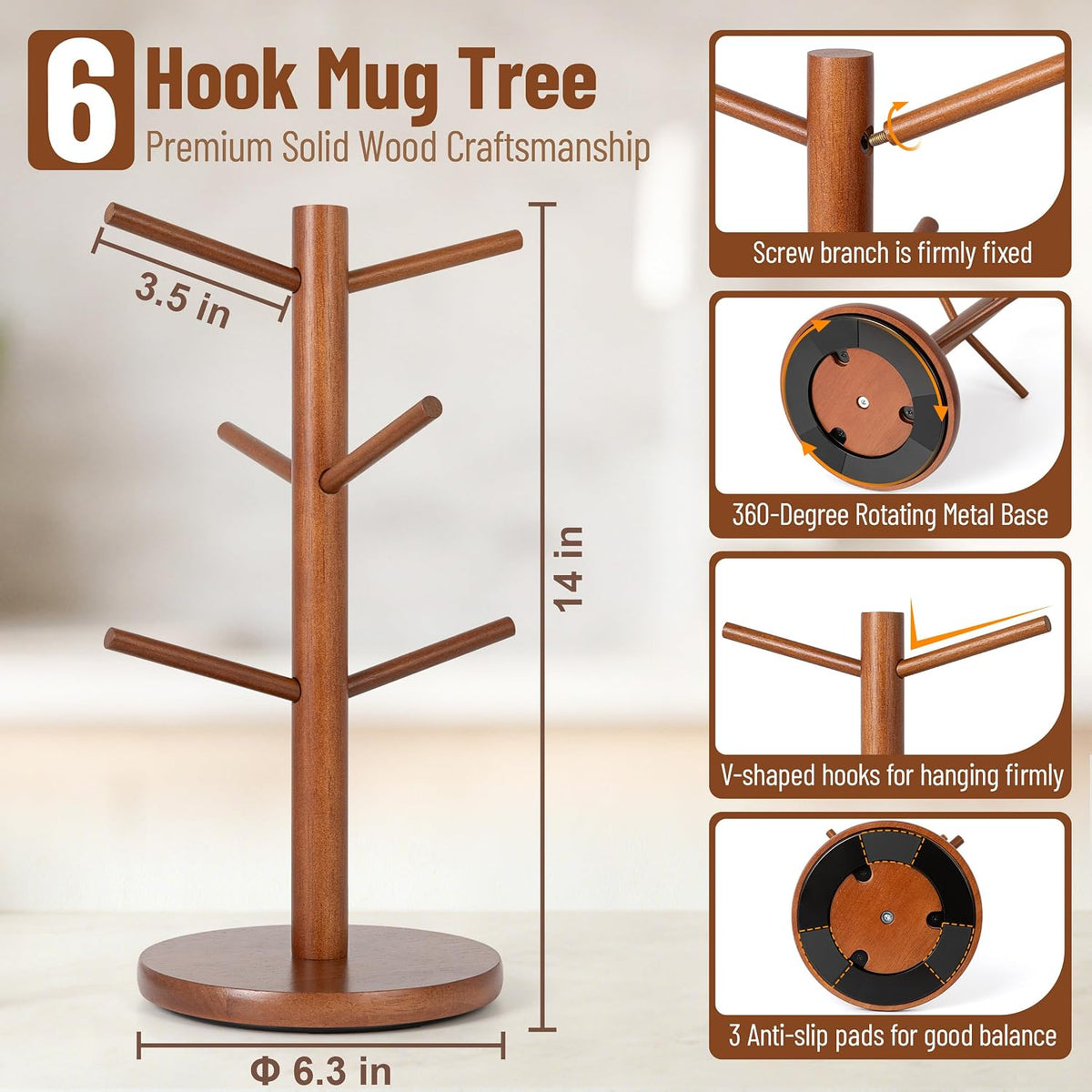 MyLifeUNIT Mug Holder Tree, 360° Rotated Coffee Cup Holder | Anti-slip padded bottom, space-saving compact design