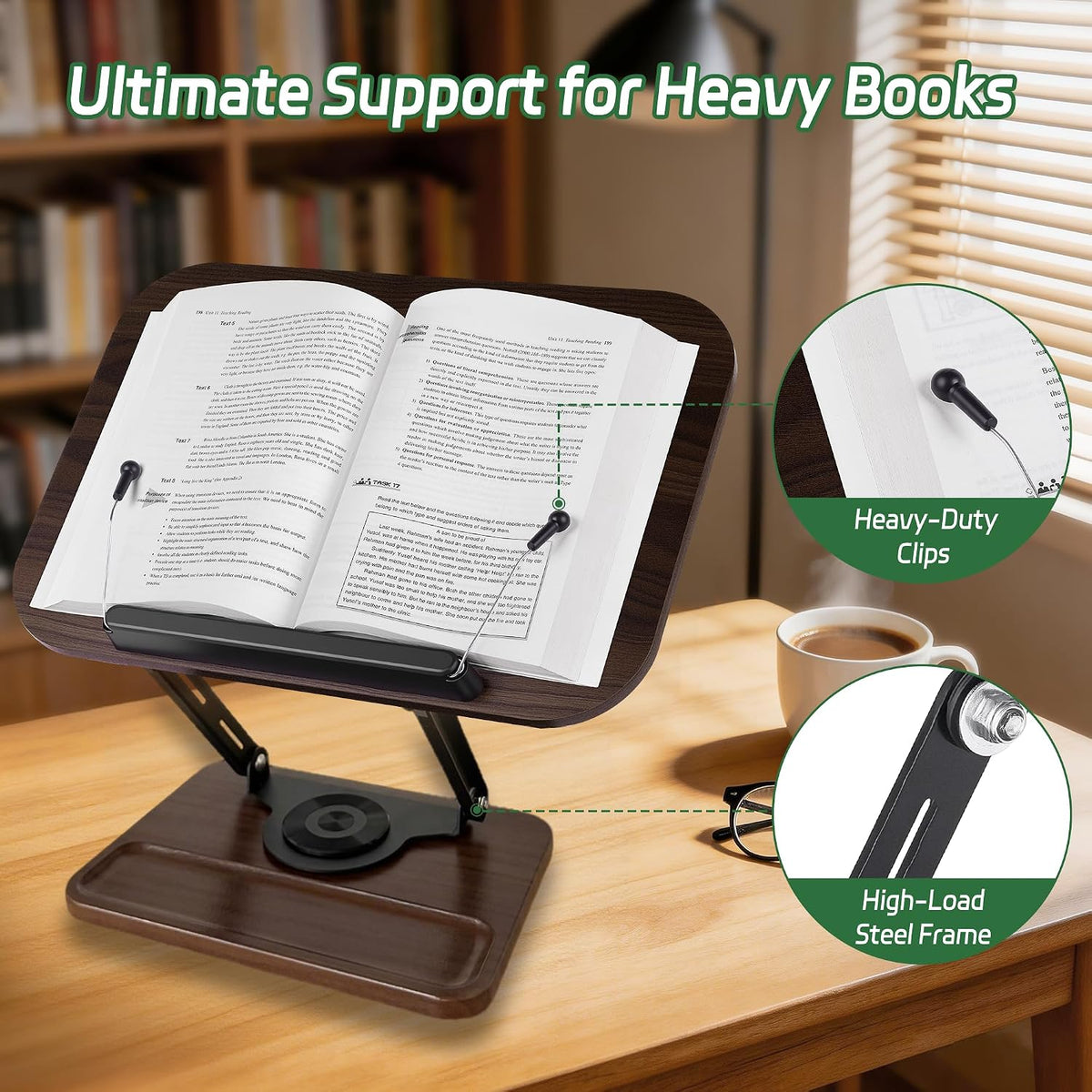 Book Stand for Reading, 360° Rotating Book Holder for Desk, Heavy Duty Bible Stand with Page Clips, Adjustable Height