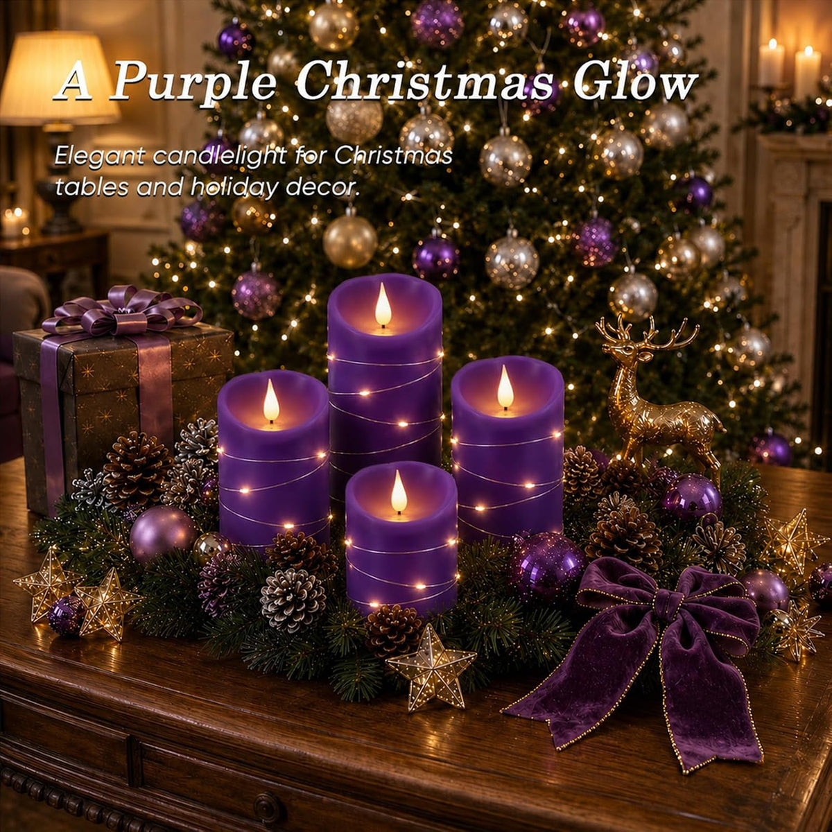 Homemory Purple Flameless Candles with String Lights, Remote Timer, 3 Pack | Flameless candles with string lights, real