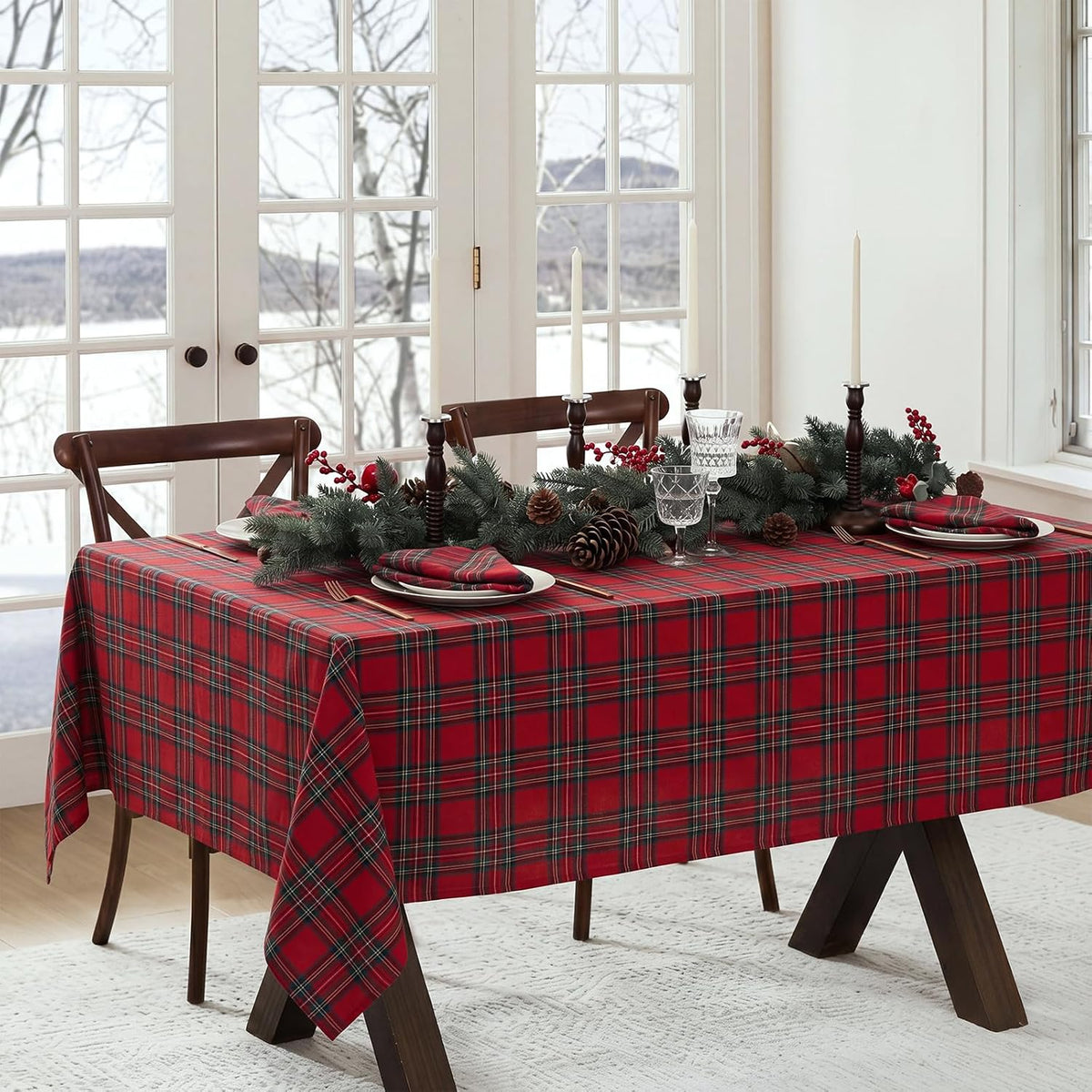 Horaldaily Christmas Tablecloth 60 x 84 Inch Oval Christmas Trees Red Black
