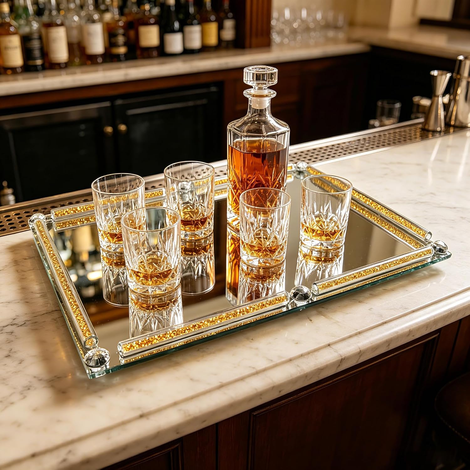 Crushed Diamond Filled Glass Vanity Tray / Gold / 15.7 x 11.8 x 1.4