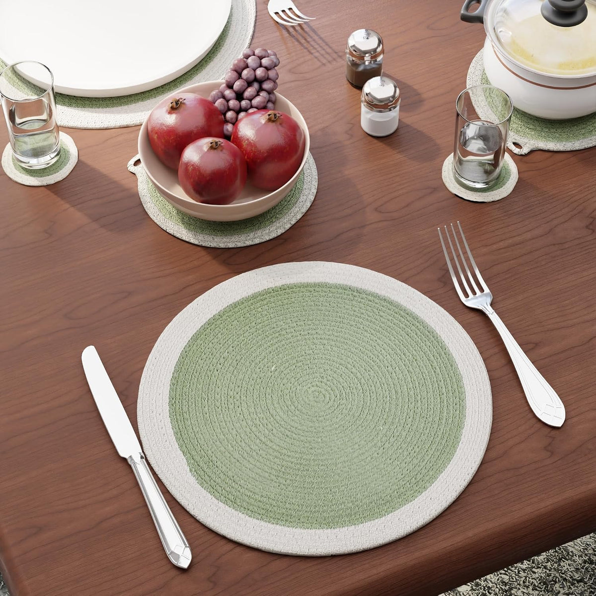 Encasa XO Cotton Placemats, Coasters & Trivets 13" | Sage, Heat Resistant | Protective Table Pad | Handcrafted Ribbed