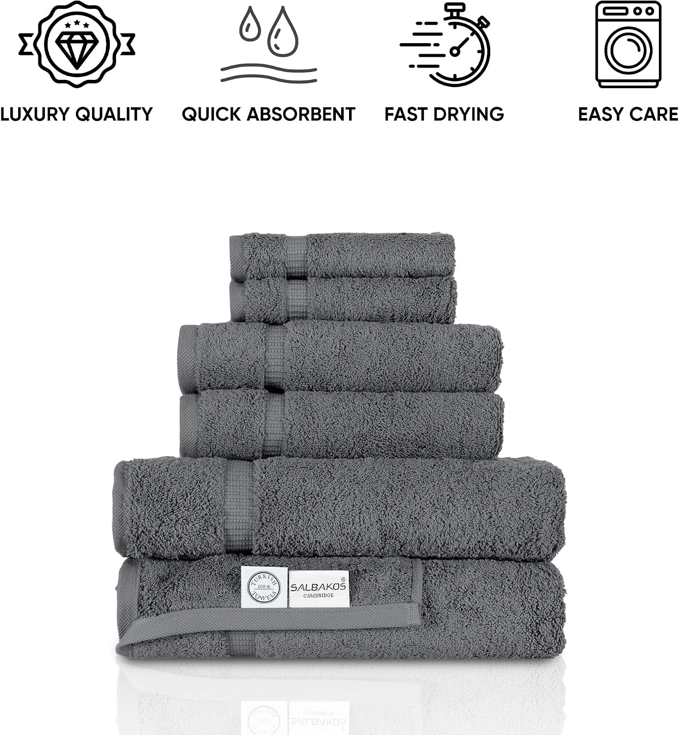SALBAKOS 100% Turkish Cotton Bathroom Towel Set of 6-Piece, Gray | 630 Gsm Thick Super Soft Highly Absorbent 2 Bath + 2