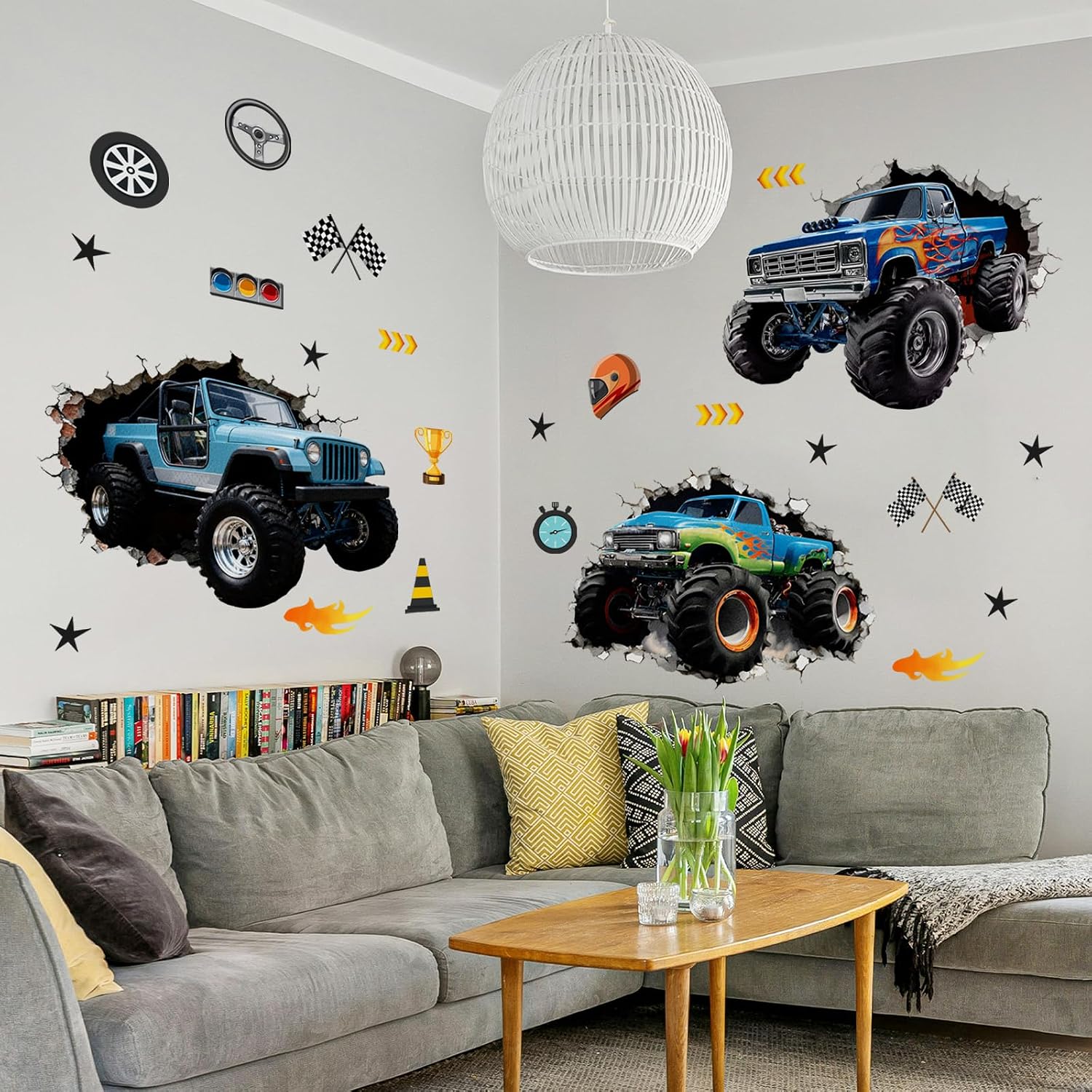 3D Wall Decals 3 Sheets Removable Car Wall Stickers Boys Bedroom Playroom Kids Room / Racing Car