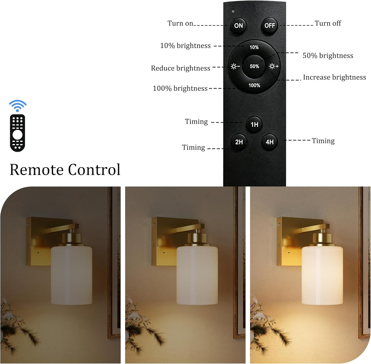 Wireless Battery Operated Wall Sconce Set of Two, Modern, White Glass, Gold | Dimmable, Easy Install Rechargeable Wall