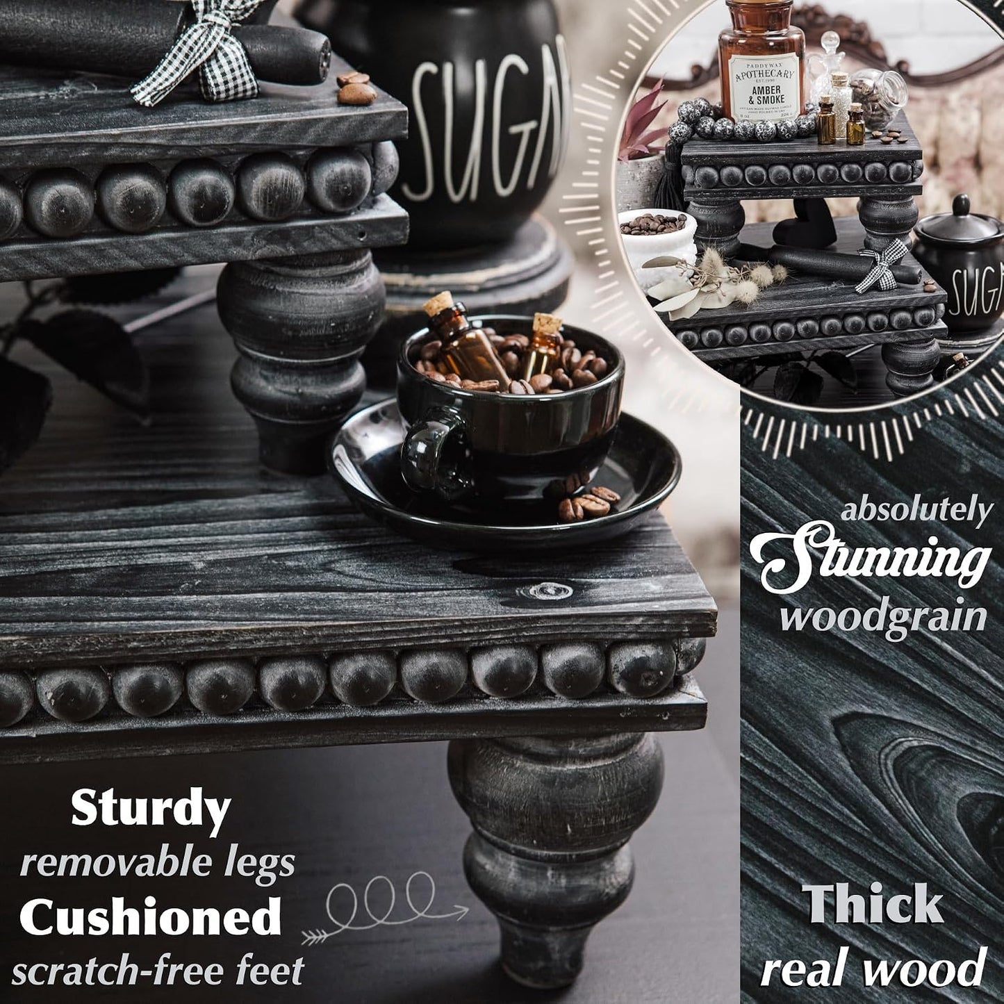 Decorative Tray [Set of 3] Wooden Tiered Tray Stand Display Risers - Tiered Tray Decor for Tabletop Use, Kitchen