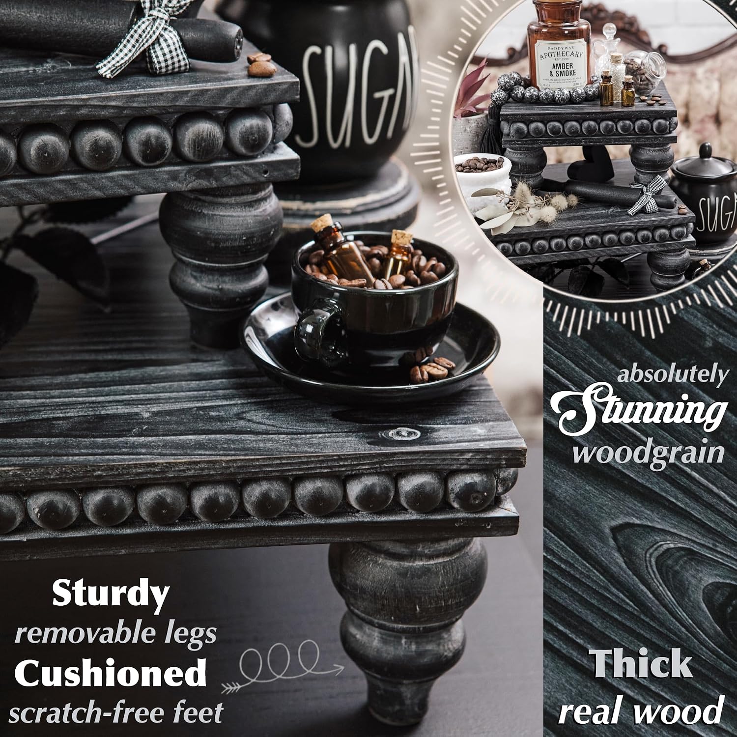Decorative Tray [Set of 3] Wooden Tiered Tray Stand Display Risers - Tiered Tray Decor for Tabletop Use, Kitchen