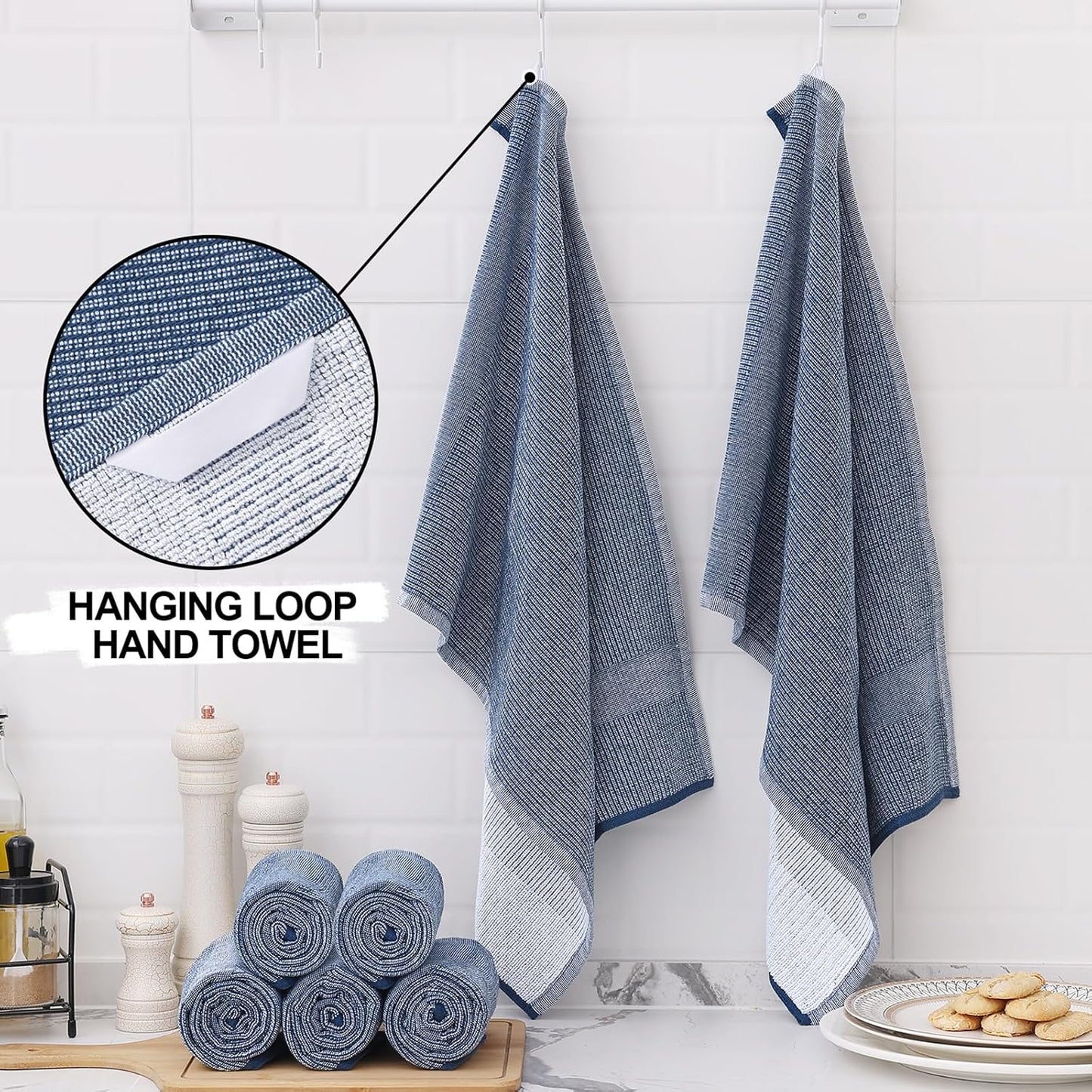 Homaxy 380 GSM Cotton Premium Kitchen Towels 8 Pack, 18"x 28", Navy Blue | Flat and Terry Dish Towels, Highly Absorbent