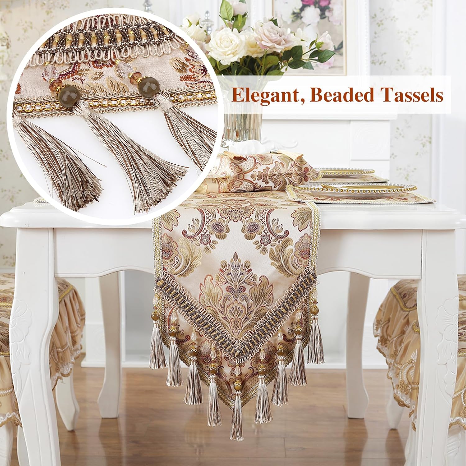 kilofly Elegant Floral Brocade Jacquard Table Runner Tassels (60 x 12 inches)