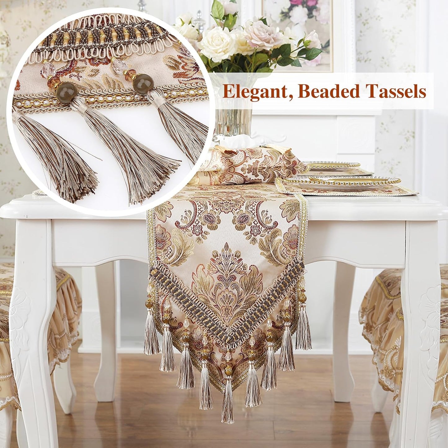 kilofly Elegant Floral Brocade Jacquard Table Runner Tassels (96 x 12 inches)