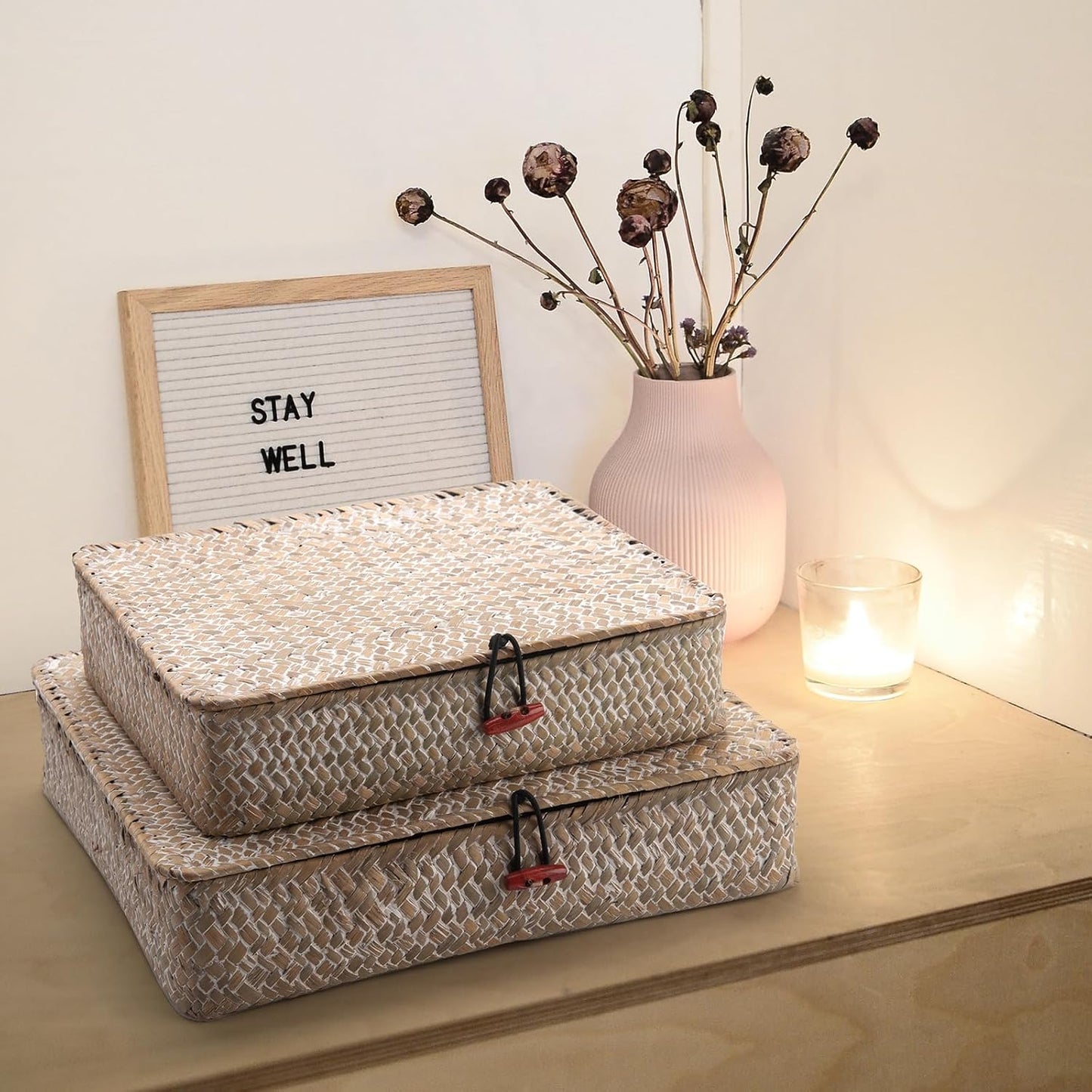 Wicker Basket / Flat Seagrass Storage Bins / Whitewash / Set of 2
