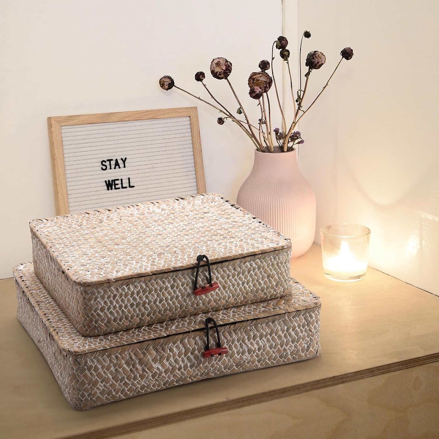 Wicker Basket / Flat Seagrass Storage Bins / Whitewash / Set of 2