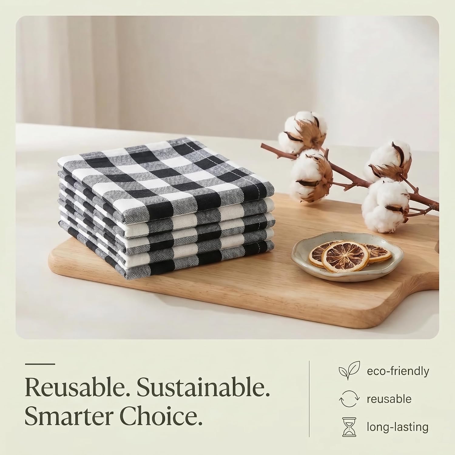 Urban Villa Kitchen Towels Cotton Dish Towels 20”x30” (Set of 6) Black Wht