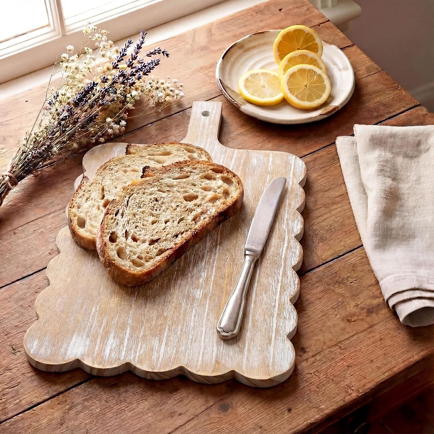 Large Acacia Wood Scallop Cutting Board Wooden Dinner Plate Scalloped Wood Tray Decorative / 18 x 10