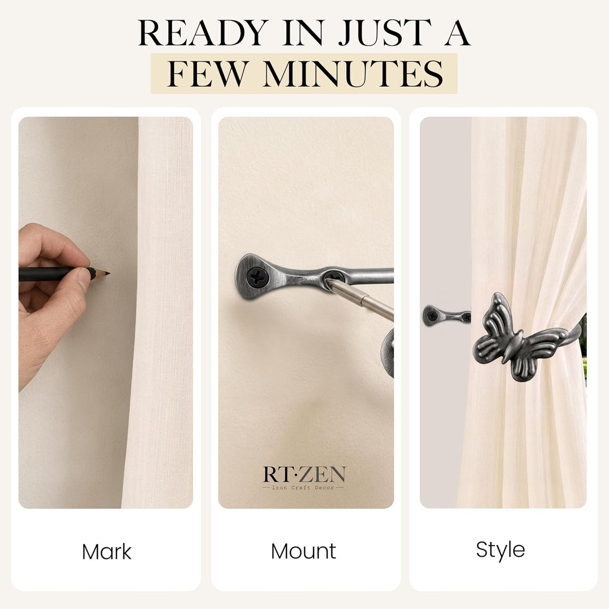 Metal Curtain Tiebacks, Drapery Holders for Wall, 2 Pcs | Farmhouse Wrought Iron Curtain Holdbacks, Ornamental Window