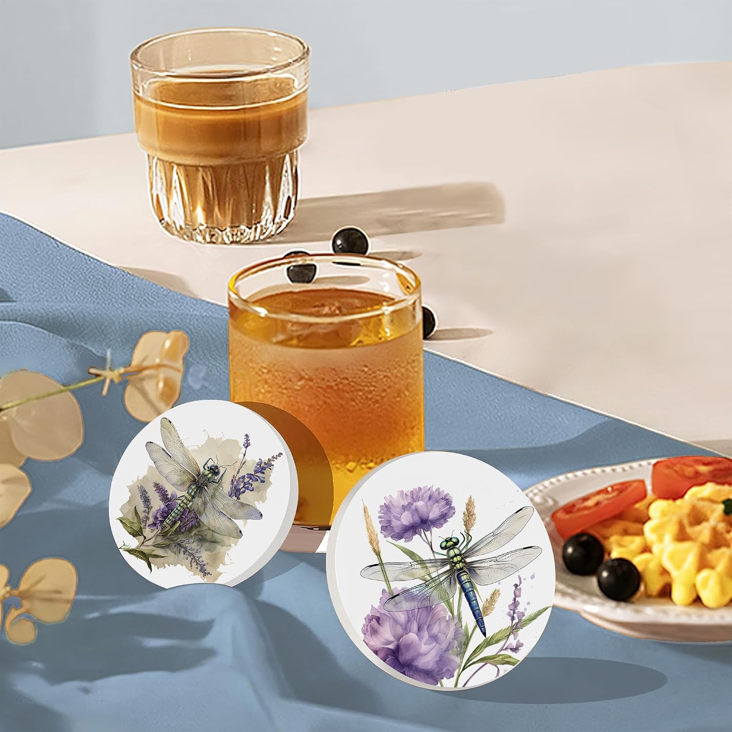 Absorbing Round Ceramic Stone Coaster / Dragonfly Flower / Set of 6