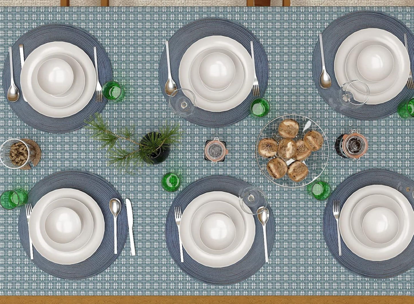 Table Cloth, Wedgewood Blue/White Woven Fringed, 100% Cotton Table Cover, Size 60x84 Inch, Suitable for Formal Dining