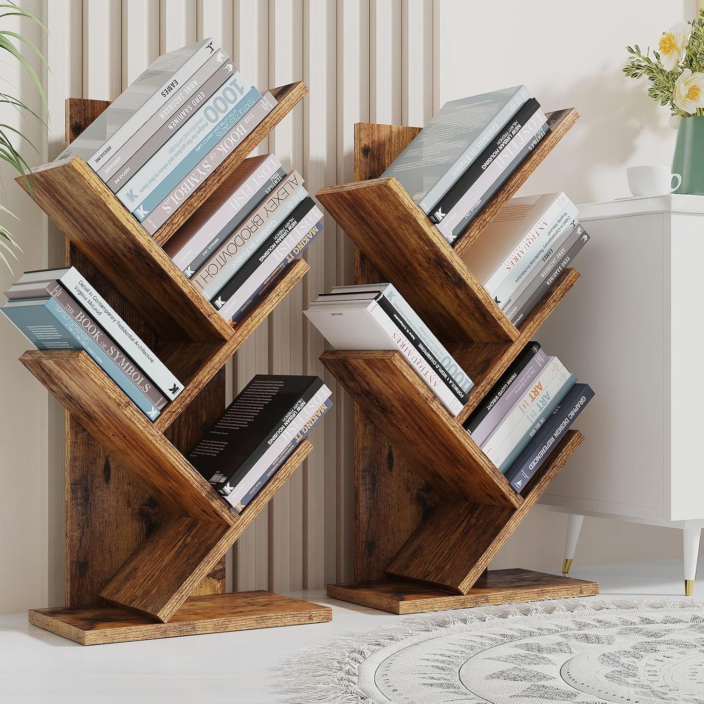 YMYNY Tree Bookshelf, 4-Tier Book Storage Organizer Shelves,Rustic Brown, HBC014H