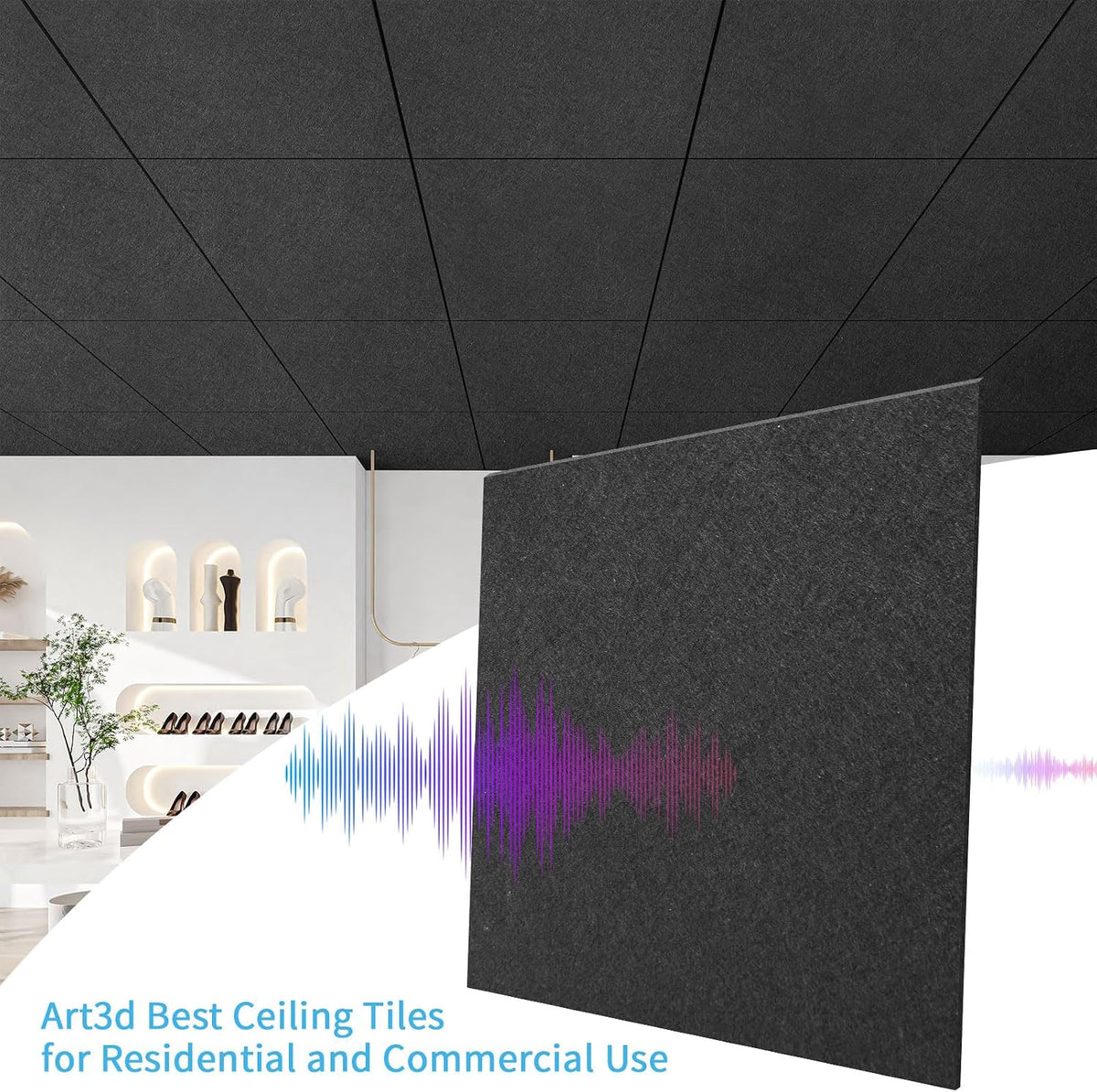 Art3d Acoustic Drop Ceiling Tiles, 2x2 ft, 12-Pack, Covers 48 Sq. Ft. | Waterproof polyester, sound absorbing and sag