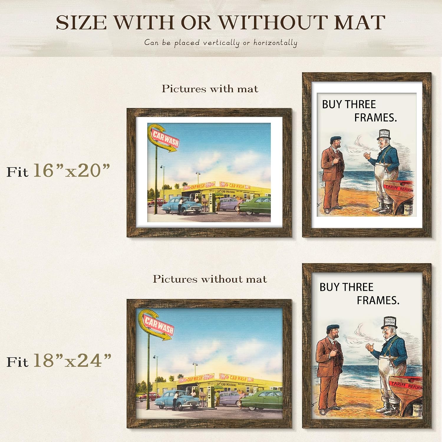 18x24 Rustic Brown Poster Frame, Picture Frame for Wall, 3 Pack | Fits 16x20 Photos With Mat or 18x24 Without Mat