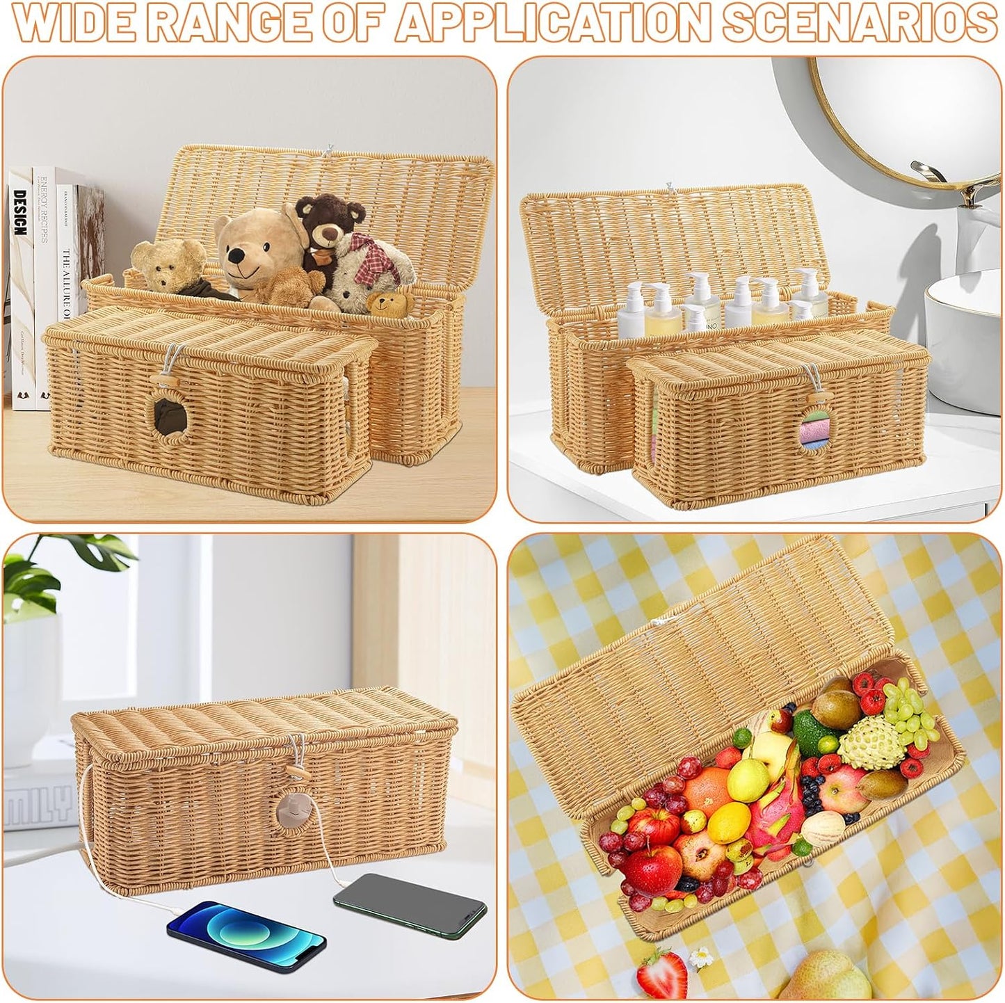 Handmade Cable Management Boxes Rattan Cable Organizer Large & Medium Cord Hider / Set of 2