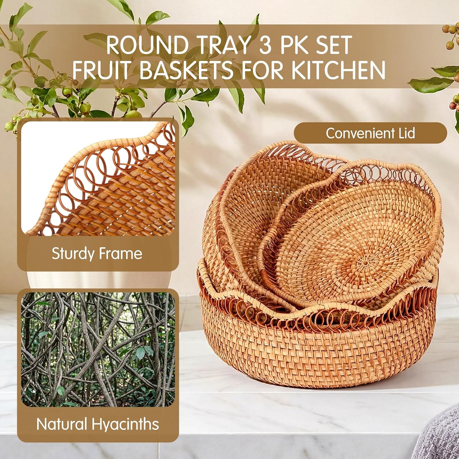 Rattan Bread Basket for Serving Wicker Bread Basket Woven Round Fruit Serving / Natural / Set of 3