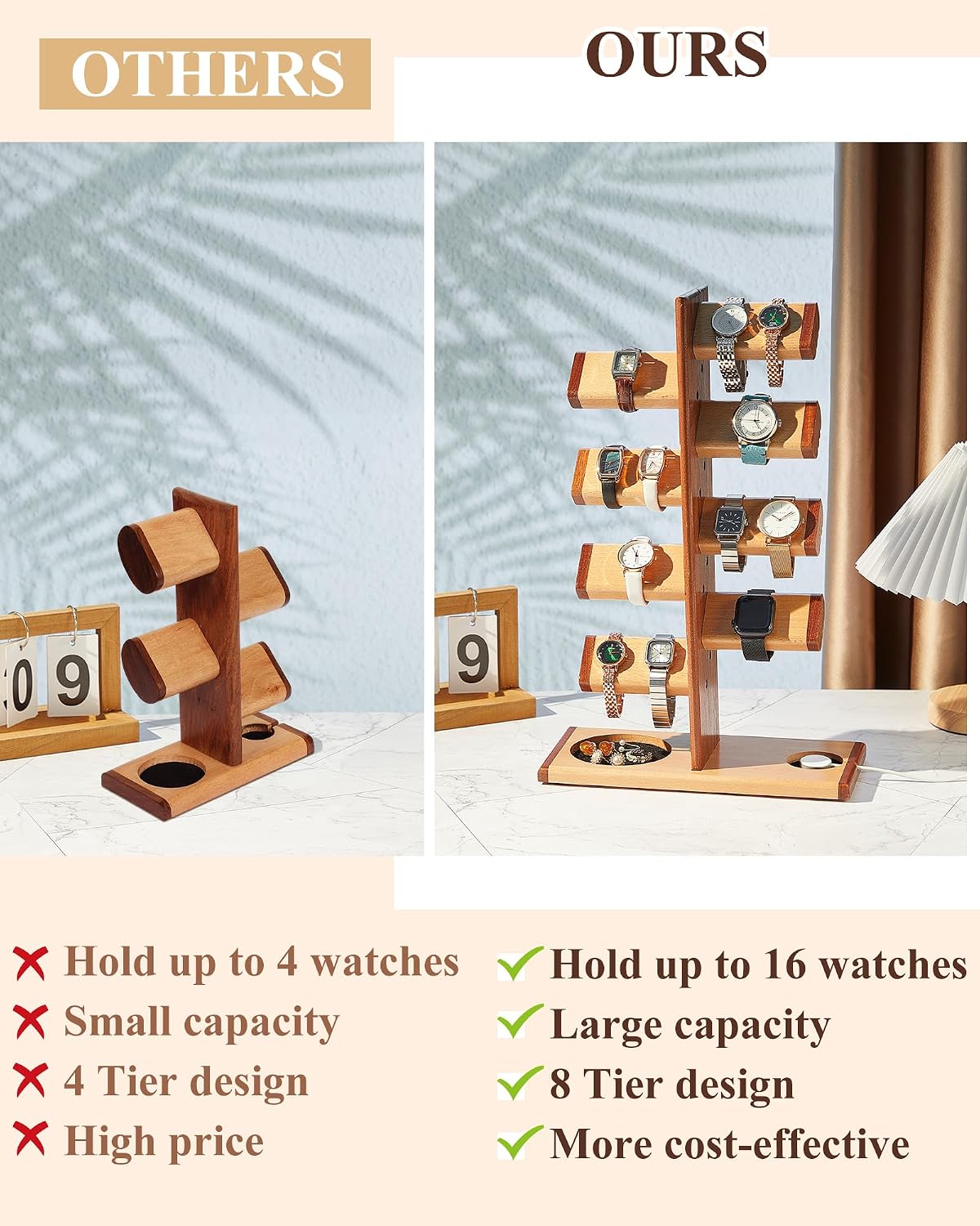 Vercraft Wooden Watch Stand Watch Display Holder Tower Wood Display Stand with Charging Station Jewelry Organizer for