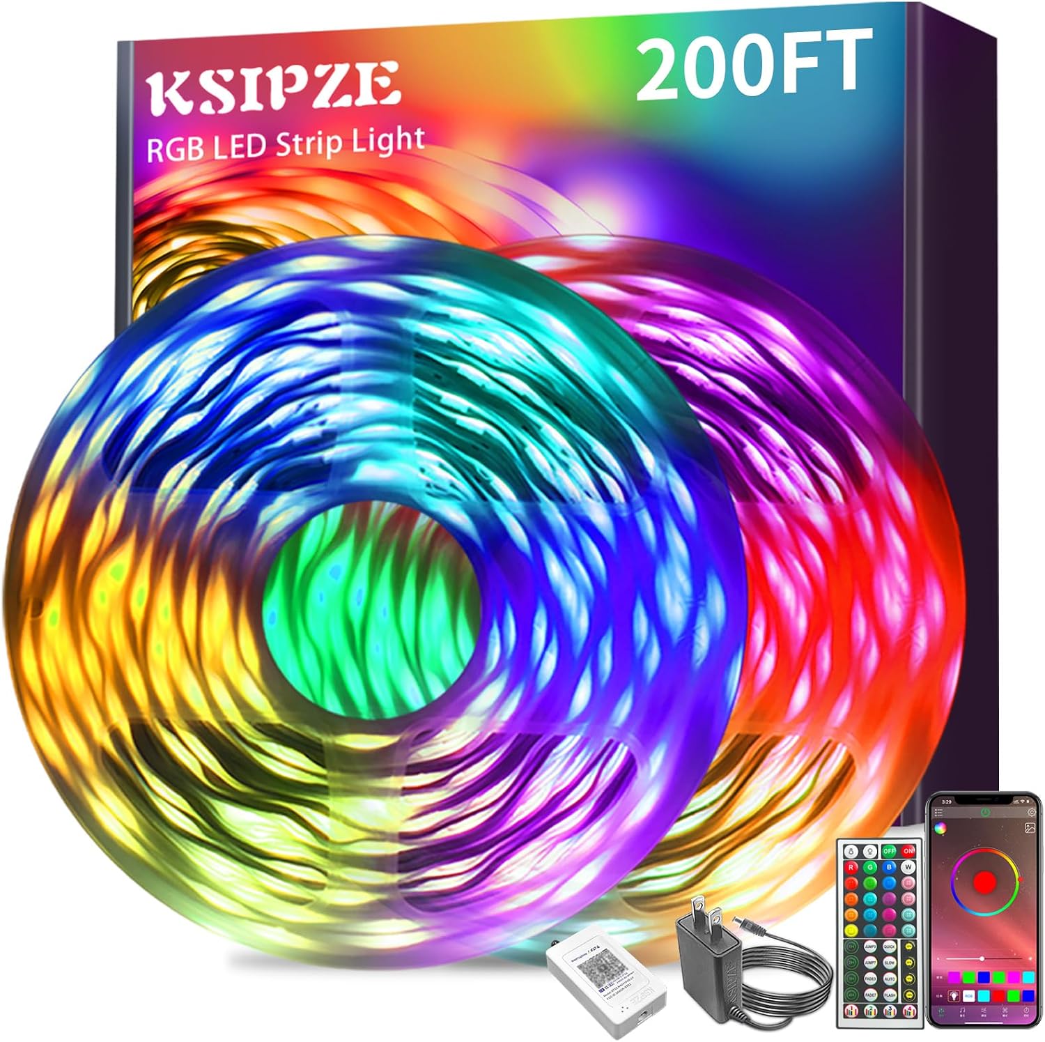 KSIPZE 200ft (2 Rolls of 100 ft) Led Strip Lights RGB Music Sync Color Changing Bluetooth Led Lights with Smart App