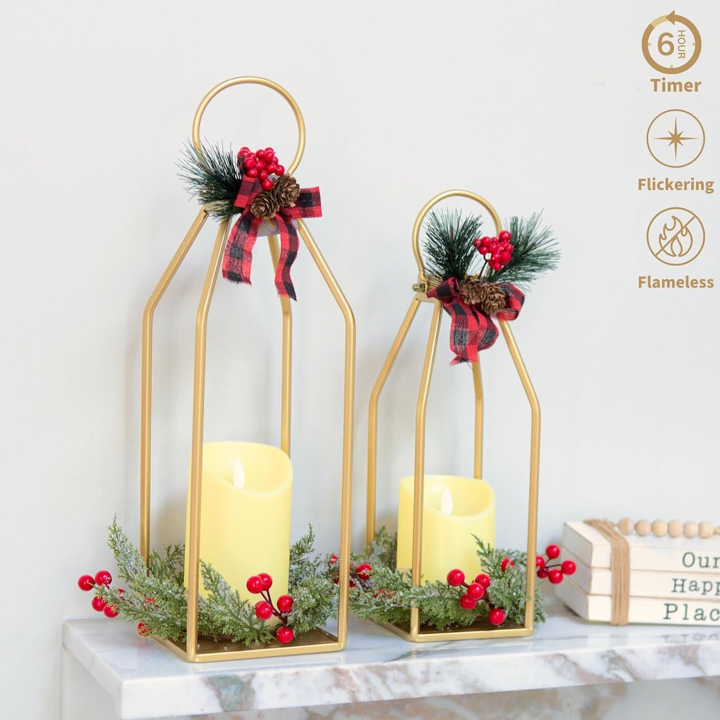 Perfnique Modern Farmhouse Lantern Decor, 15'' 12.6'' Set of 2 Gold Metal Lanterns, 2 LED 6hr Timer Flameless Candles ＆